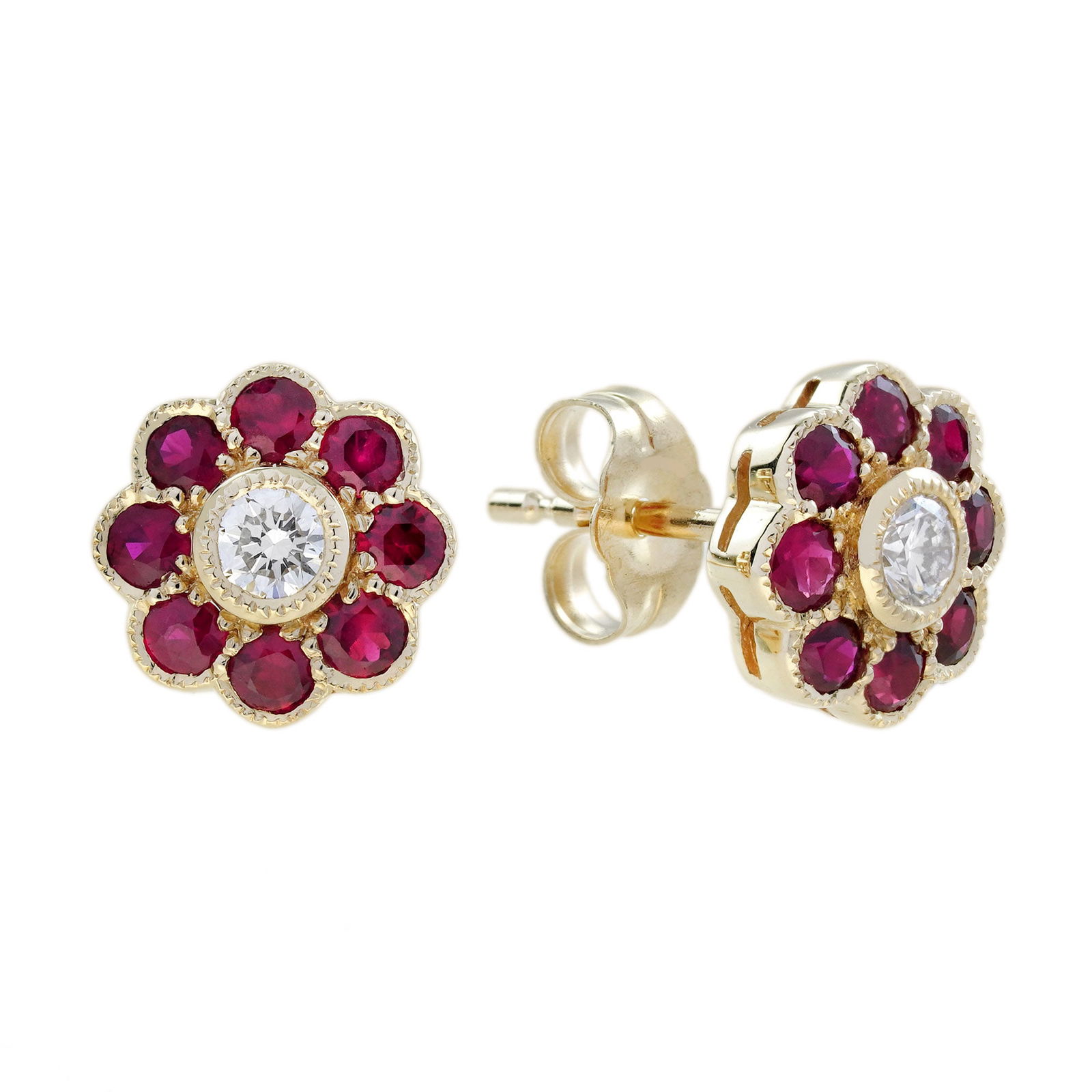 14K Yellow Gold Diamond and Ruby Art Deco Style Floral Stud Earrings (1 of 7)