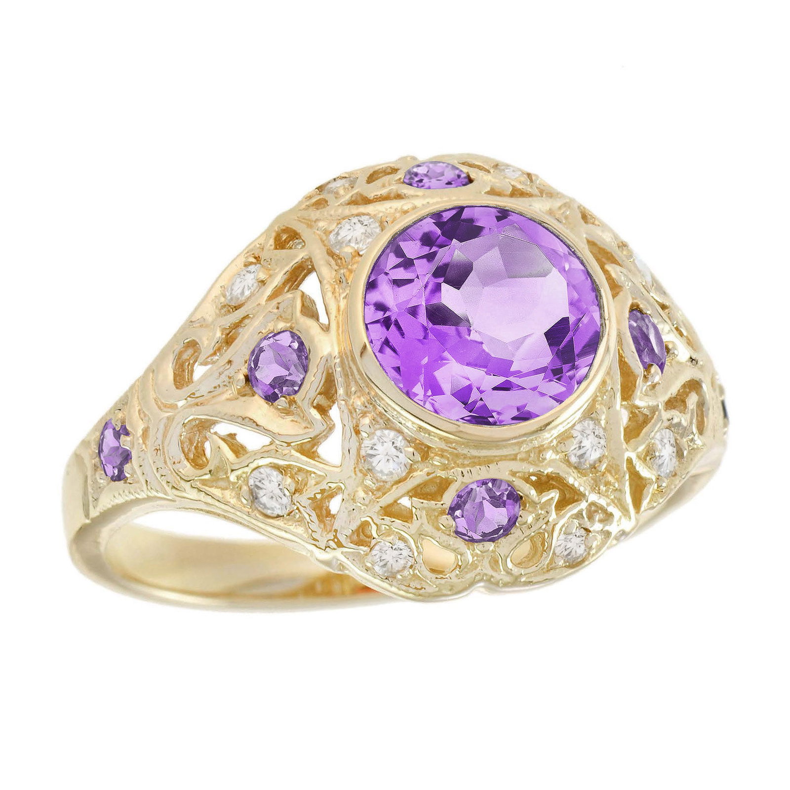 14K Yellow Gold Natural Amethyst and Diamond Vintage Style Filigree Dome Ring (1 of 10)