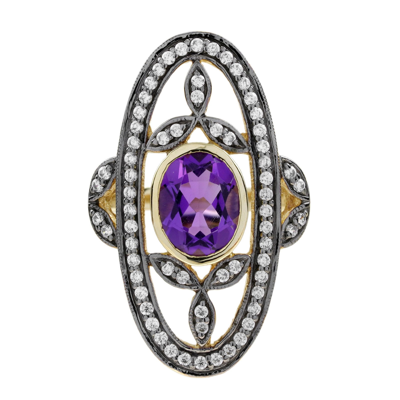 14K Yellow Gold Natural Amethyst and Diamond Antique Style Cocktail Ring: Ring InformationStyle: Art-decoMetal: 14K Yellow GoldTotal weight: 4.20 g. (approx. total weight)Size: US 7Center GemstonesType: AmethystShape: OvalSize: 9 x 7 mm.Number: 1Weight: 1.40