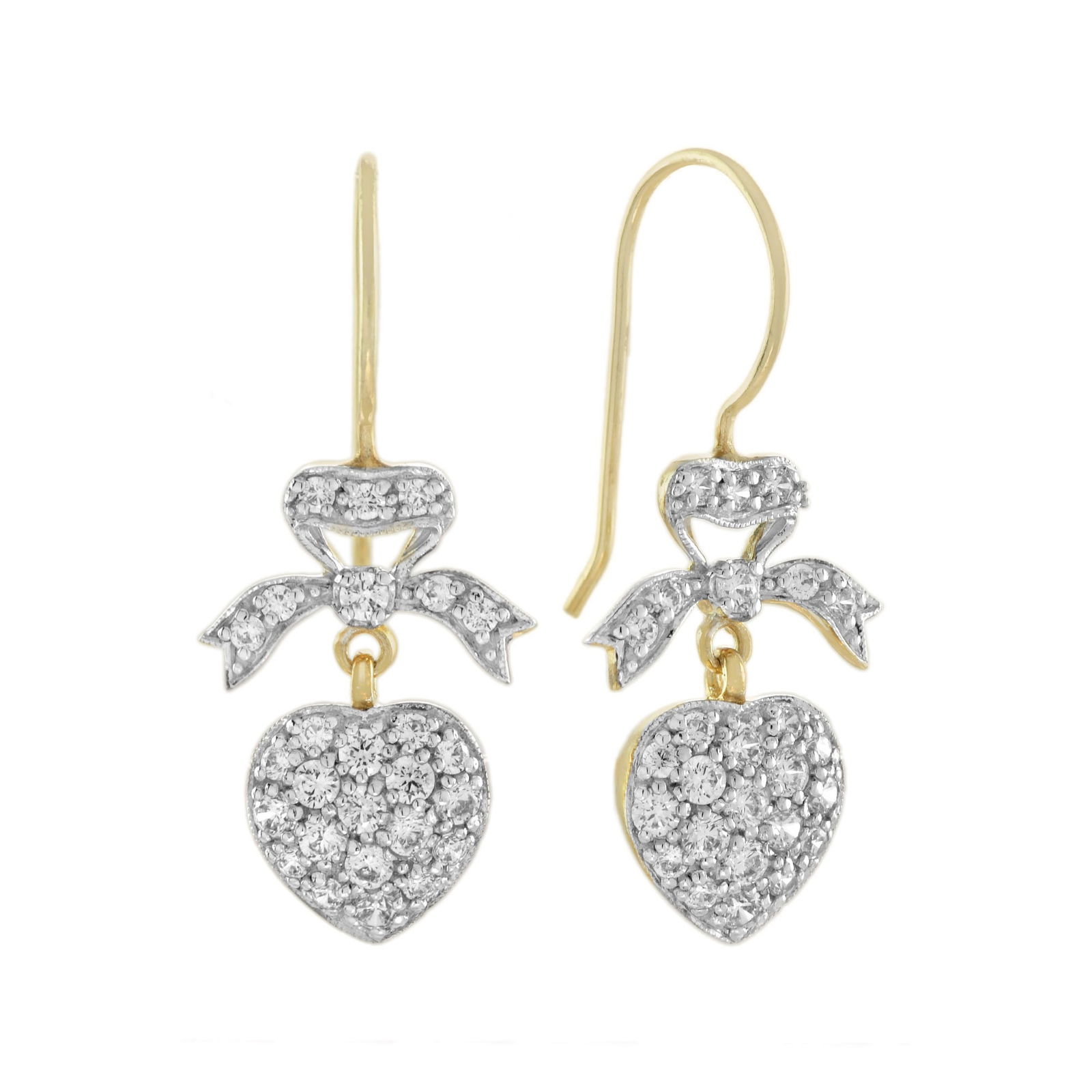 14K Yellow Gold Natural Diamond Heart and Bow Edwardian Style Dangle Earrings (1 of 10)