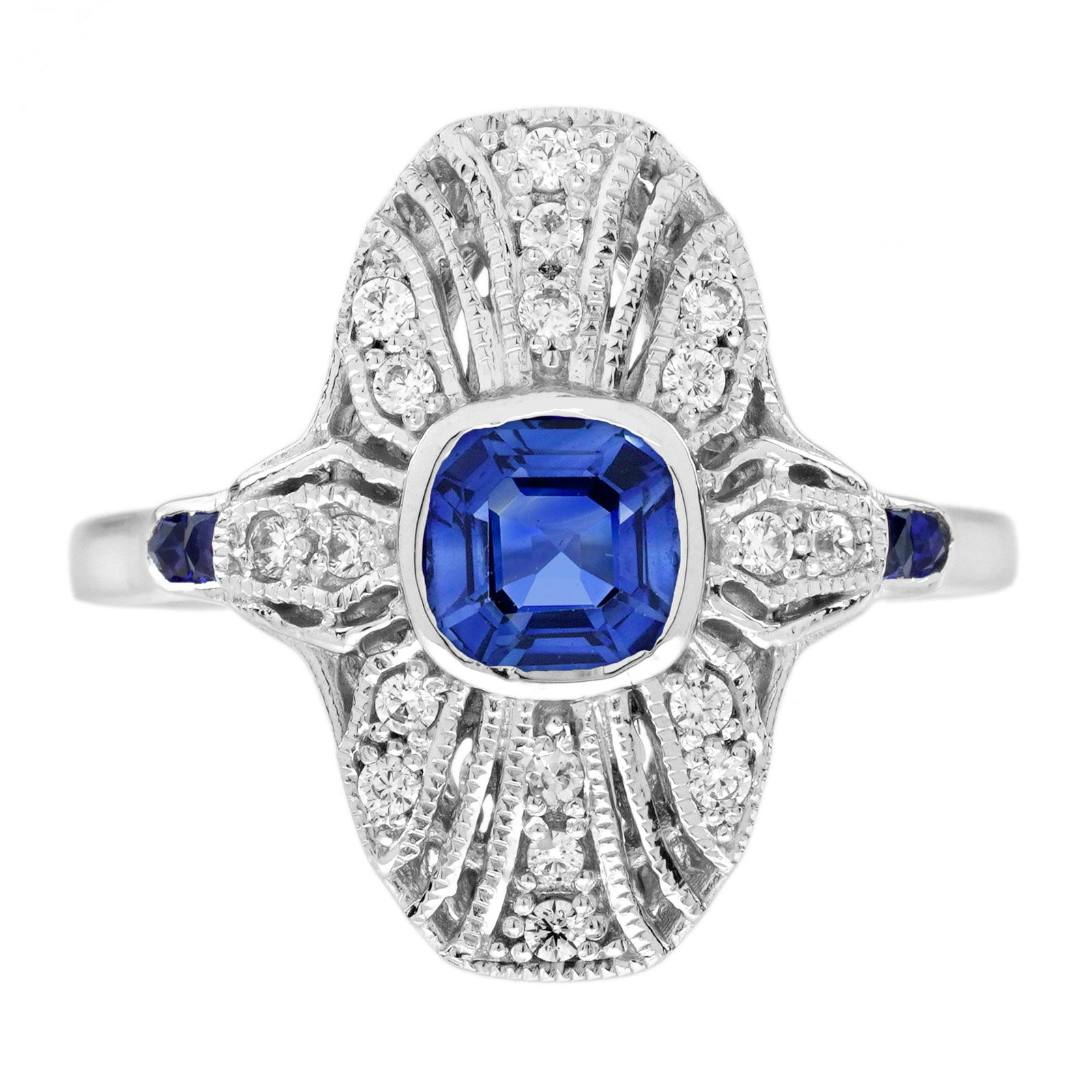 14K White Gold Natural Sapphire and Diamond Art Deco Style Plaque Ring: Ring InformationStyle: Art-decoMetal: 14K White GoldTotal weight: 4.32 g. (approx. total weight)Size: US 7Center Gemstones Type: Blue SapphireShape: CushionNumber: 1Weight: 0.80 Carat (appro