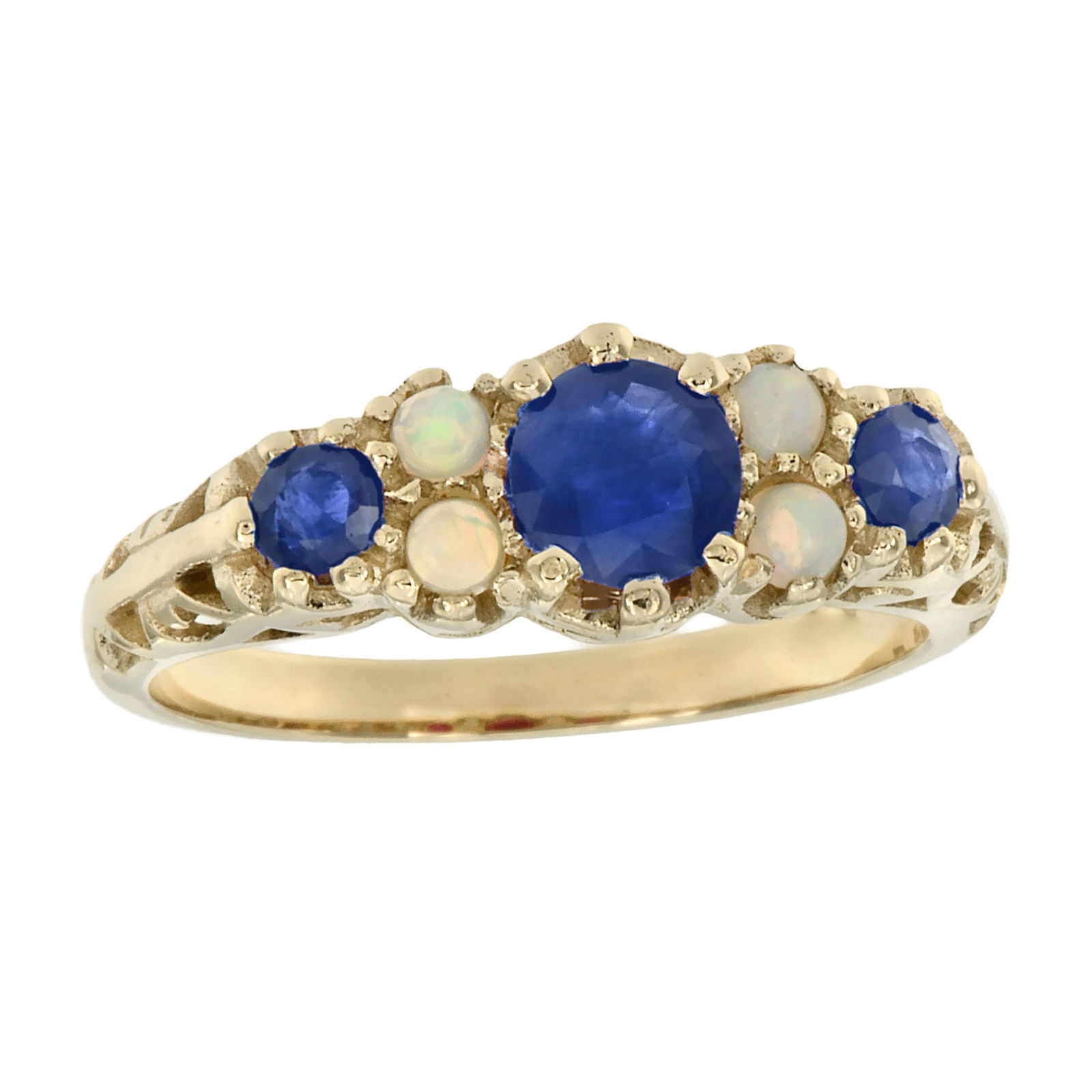 9K Yellow Gold Natural Blue Sapphire and Opal Vintage Style Filigree Ring: CHARACTERISTICSOrigin: ThailandMetal: Solid 9K Yellow GoldRing Size: US 7Total Gemstones Weight: 1.05 carat. (approx.)Total Gram Weight: 2.40 g. (approx.)*Pictures have been enlarged to show details*P