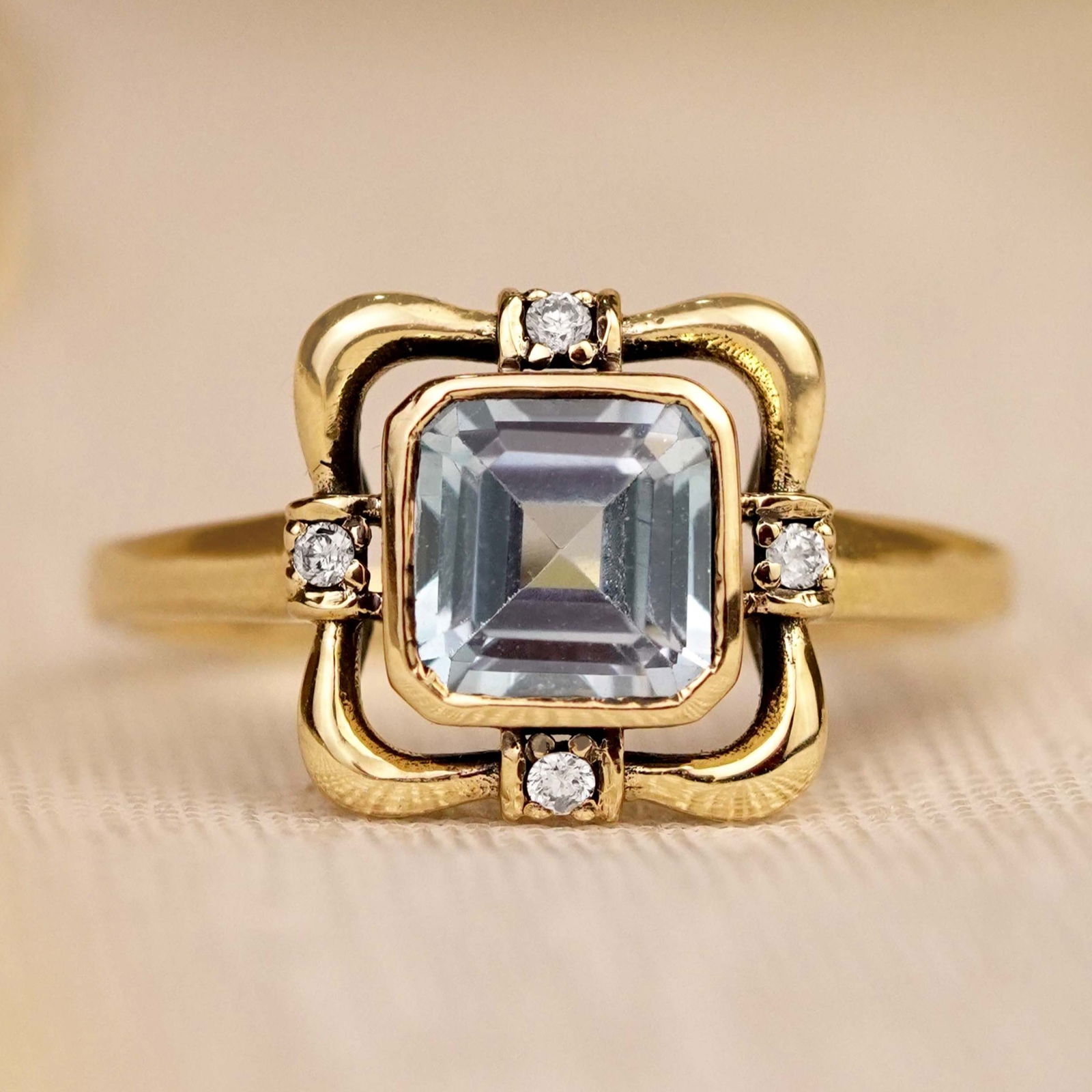 9K Yellow Gold Natural Blue Topaz and Diamond Vintage Style Ring (1 of 8)
