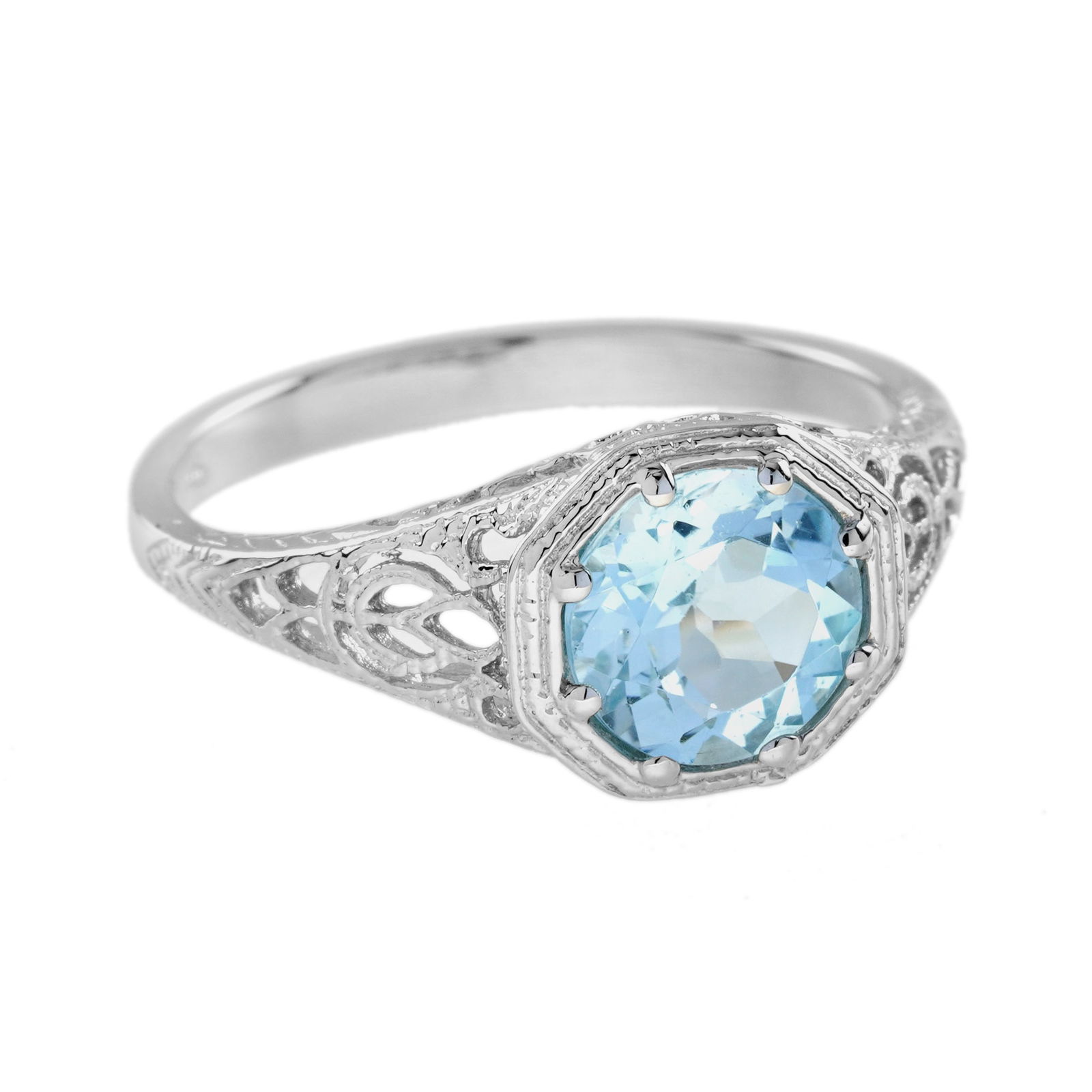 9K White Gold Genuine Blue Topaz Vintage Style Eight Prong Ring: CHARACTERISTICSMetal: Solid 9K White GoldRing Size: US 3-8Total Gemstones Weight: 2.00 carat. (approx.)Total Gram Weight: 2.30 g. (approx.)*Pictures have been enlarged to show details*PRIMARY STONE(S)