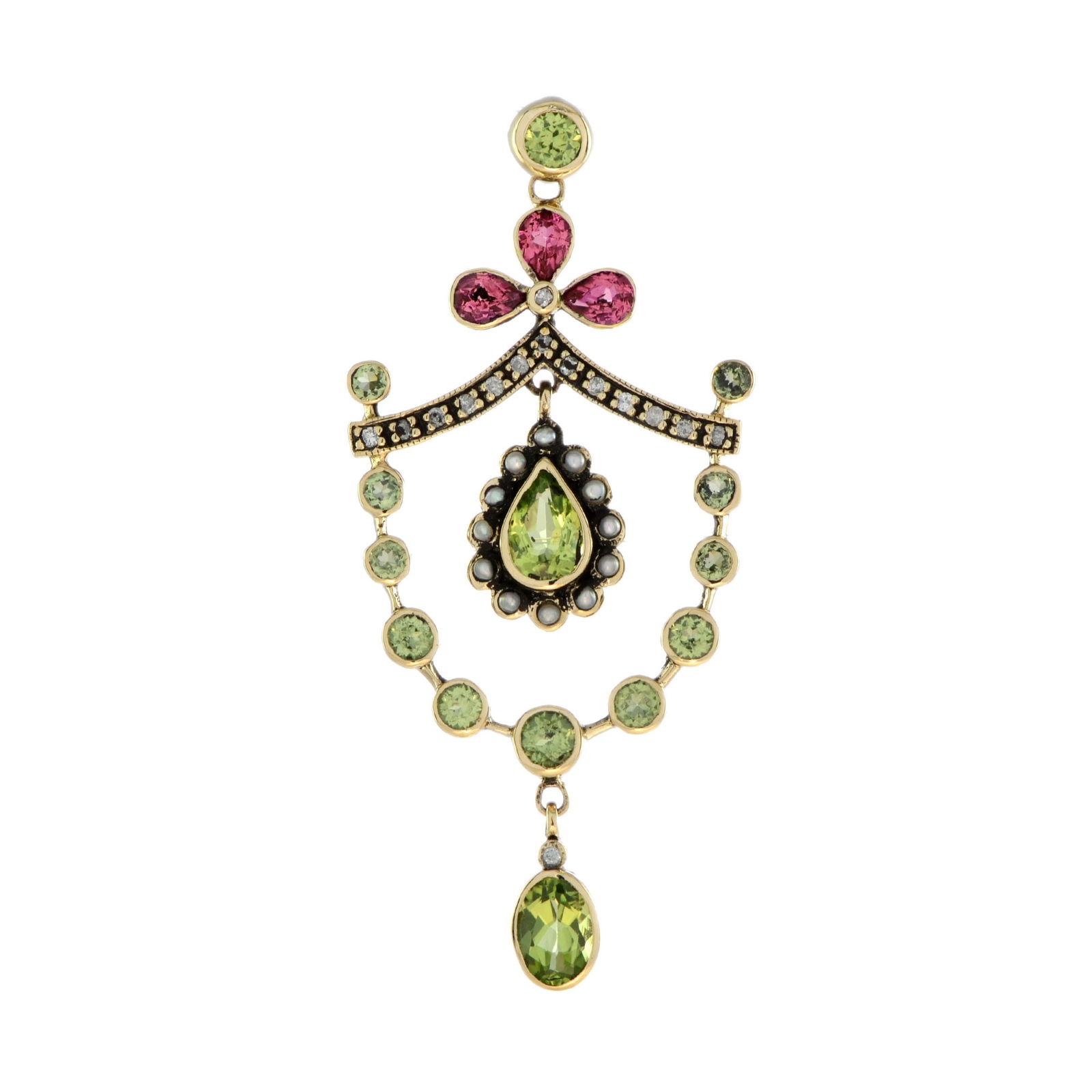 9K Gold Natural Garnet Opal Pearl and Diamond Vintage Style Floral Chandelier Pendant: CHARACTERISTICSOrigin: ThailandMetal: 9K Yellow GoldPendant Size: 31 mm. (w) x 47 mm. (l) *this pendant is supplied without a chain*Total Gemstones Weight: 2.68 carat (approx.)Total Gram Weight: 4.40