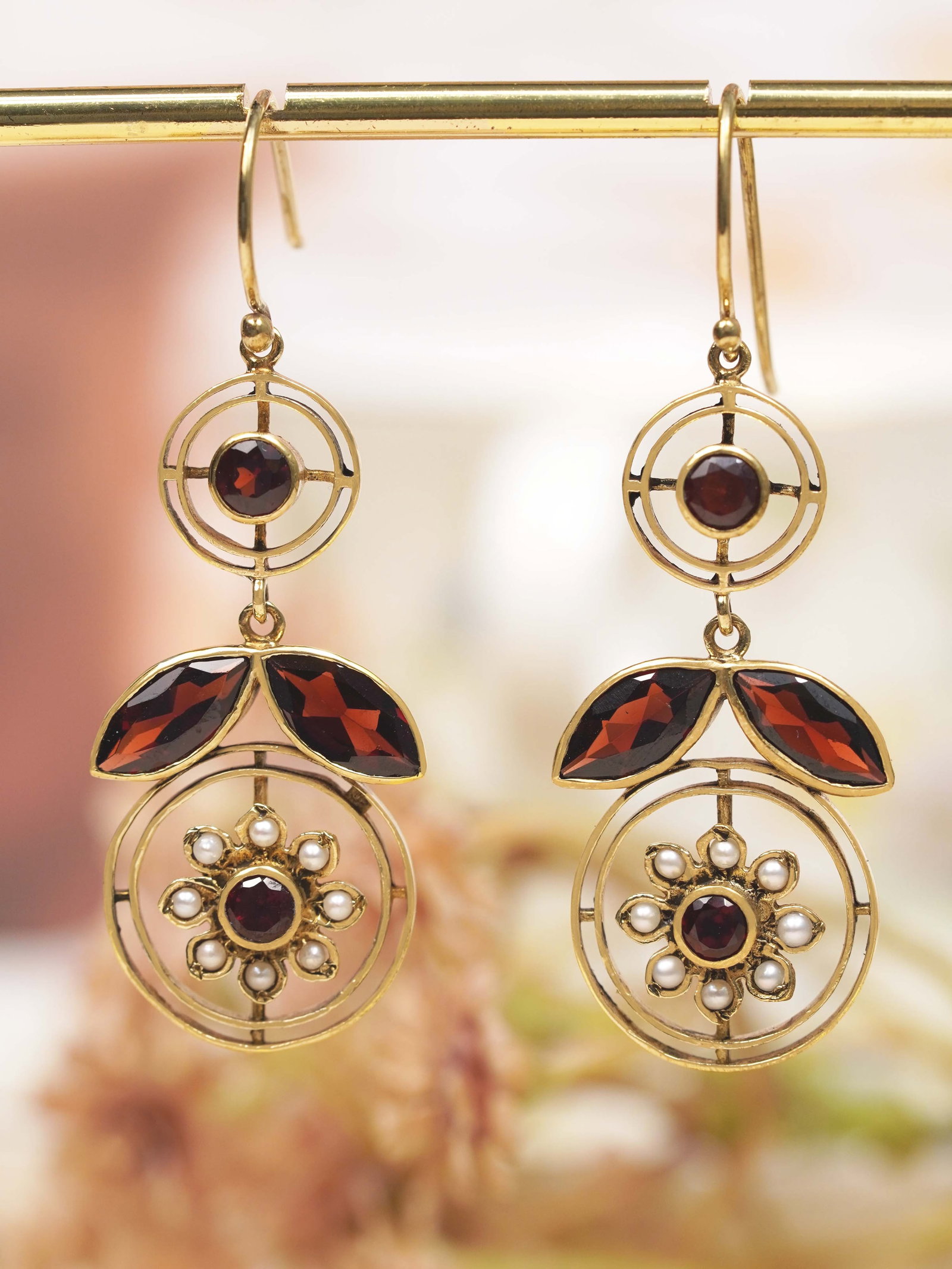 9K Yellow Gold Natural Garnet and Pearl Vintage Style Floral Drop Earrings (1 of 10)