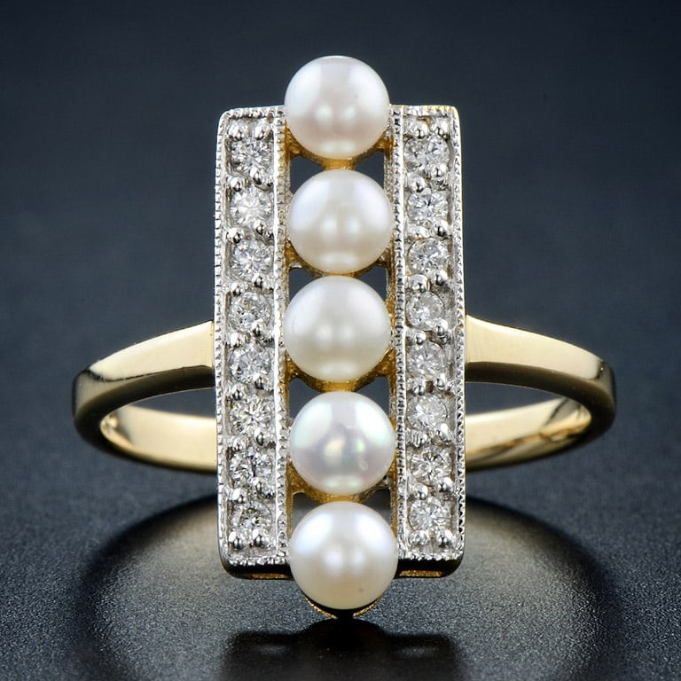 9K Yellow Gold Natural Pearl and Diamond Vintage Style Five Stone Ring (1 of 9)