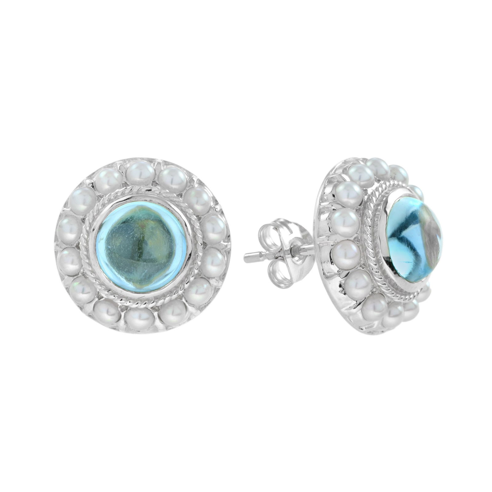 9K White Gold Natural Cabochon Blue Topaz and Pearl Halo Stud Earrings: Earrings InformationMetal: 9K White GoldWidth: 14 mm.Length: 14 mm.Weight: 5.50 g. (approx. in total)Backing: Push BackCenter GemstonesType: Sky Blue TopazShape: Round CabochonSize: 7 mm.