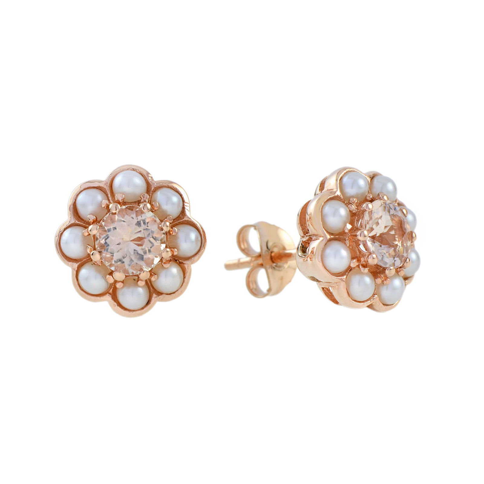 14K Rose Gold Natural Morganite and Pearl Floral Stud Earrings: Earrings InformationStyle: VintageMetal: 14K Rose GoldWidth: 11 mm.Length: 11 mm.Weight: 2.50 g. (approx. in total)Backing: Push BackCenter Gemstones Type: MorganiteShape: RoundSize: 5