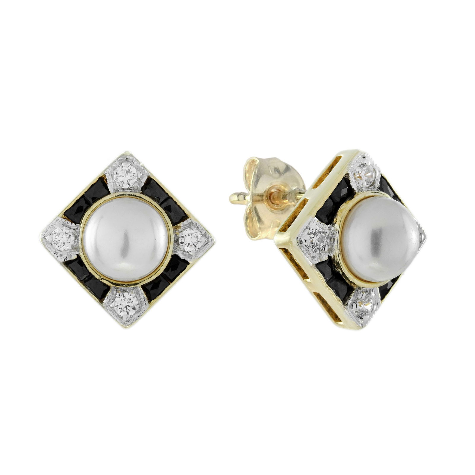 14K Yellow Gold Natural Pearl Onyx and Diamond Art Deco Style Square Stud Earrings (1 of 8)