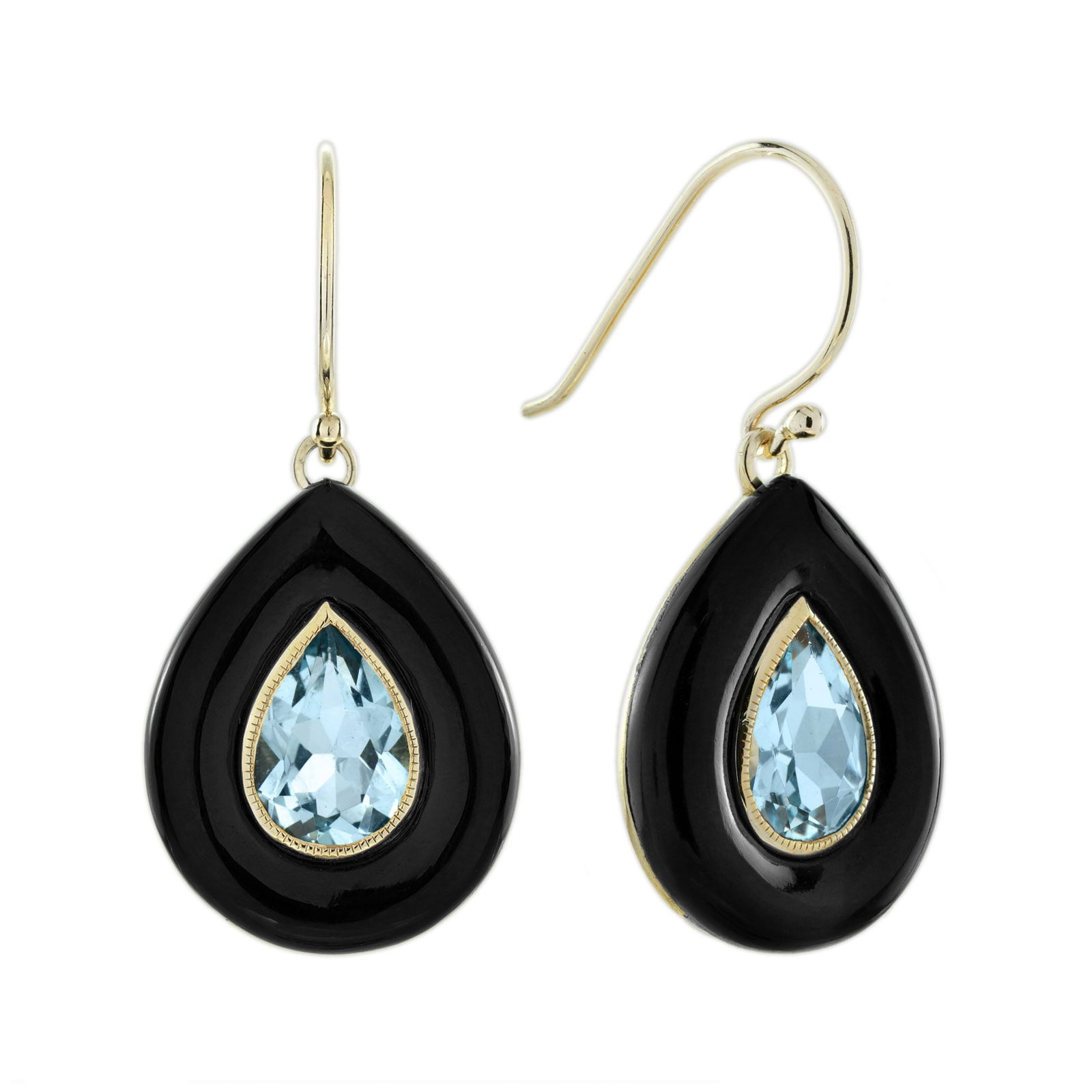 9K Yellow Gold Blue Topaz and Onyx Art Deco Style Drop Earrings: Earrings InformationStyle: Art DecoMetal: 14K Yellow GoldWidth: 16 mm.Length: 34 mm.Weight: 7.34 g. (approx. in total)Backing: French WireCenter Gemstones Type: Blue TopazShape: PearSi
