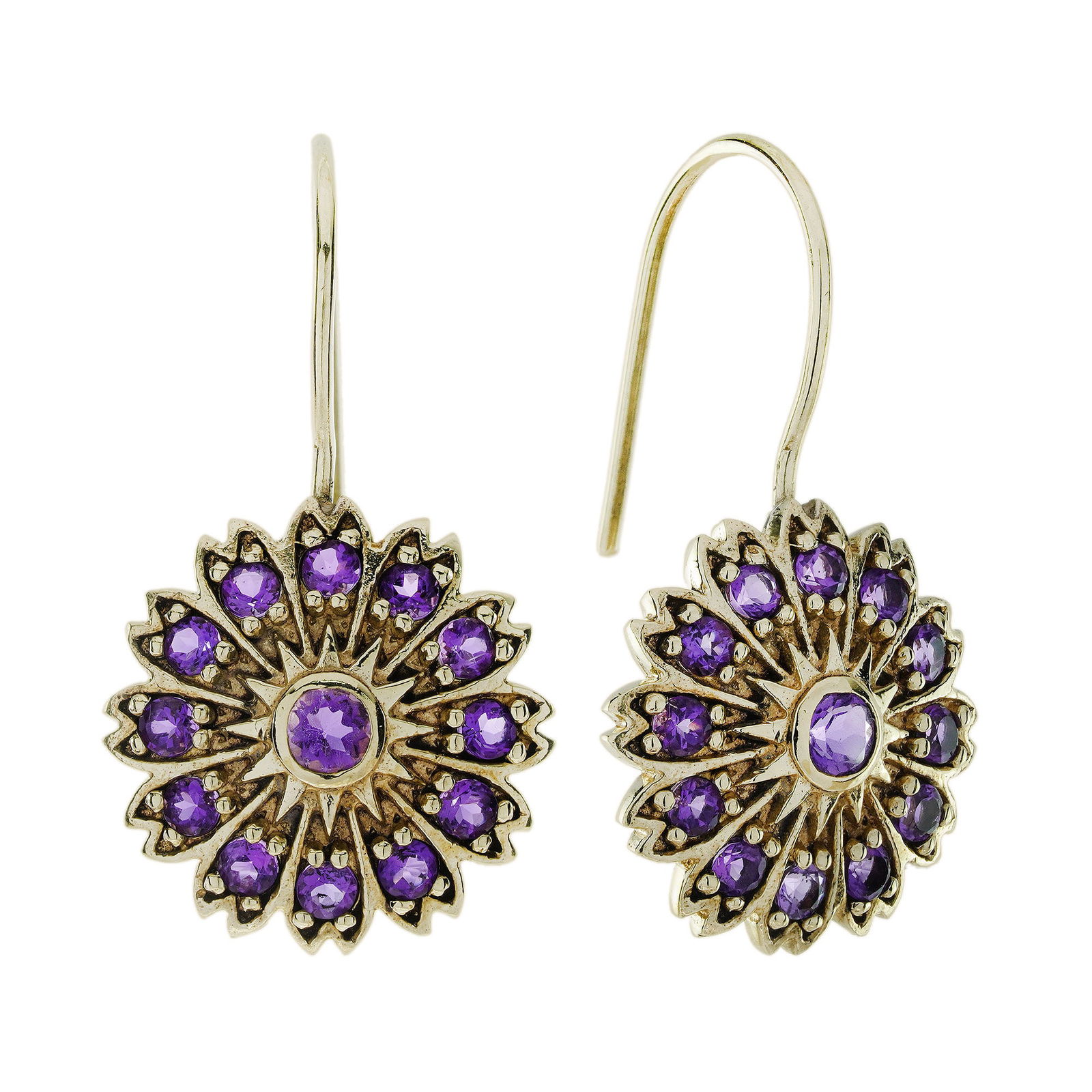 14K Gold Natural Amethyst Vintage Style Floral Hook Earrings (1 of 6)