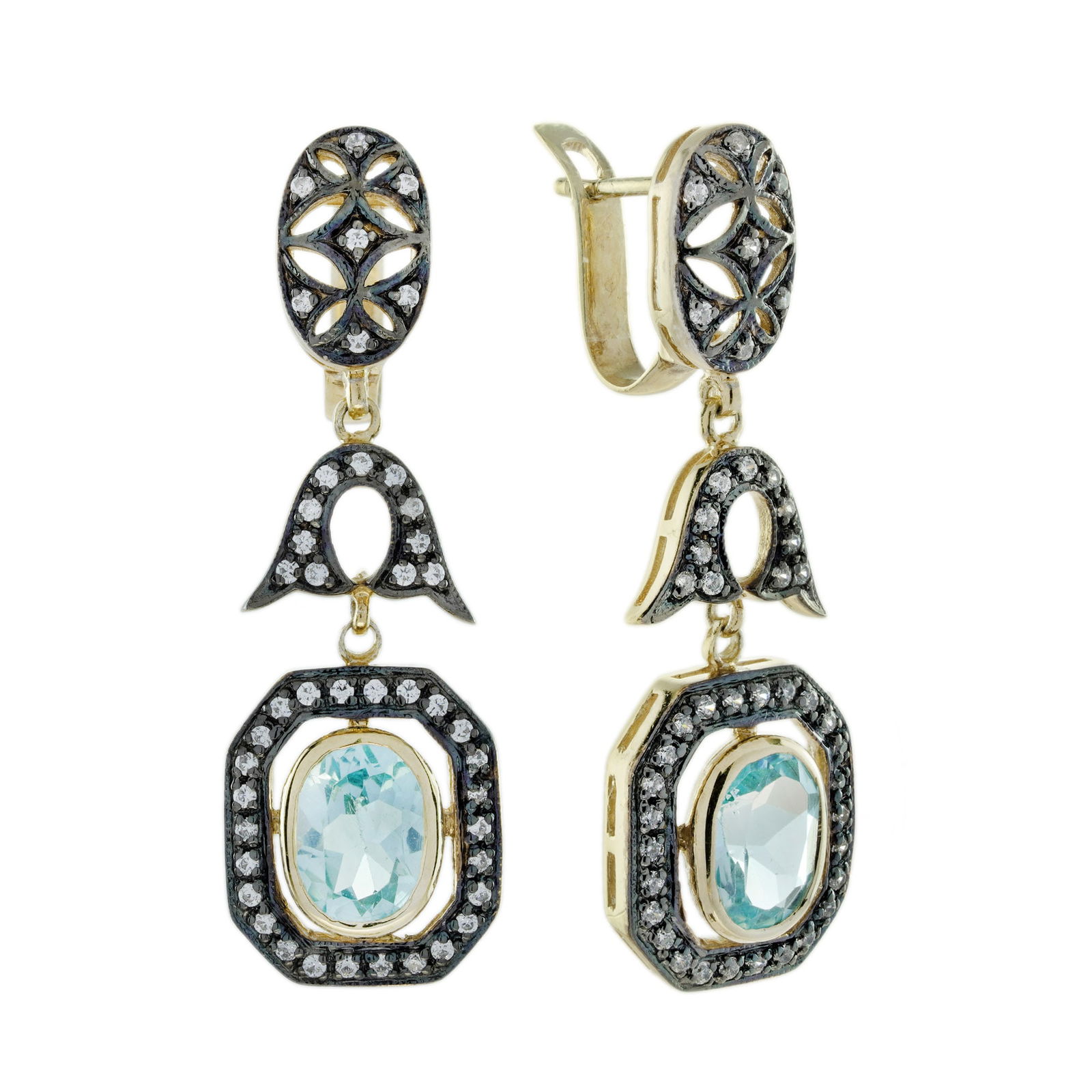 9K Yellow Gold Natural Blue Topaz and Diamond Art Deco Style Dangle Earrings (1 of 9)