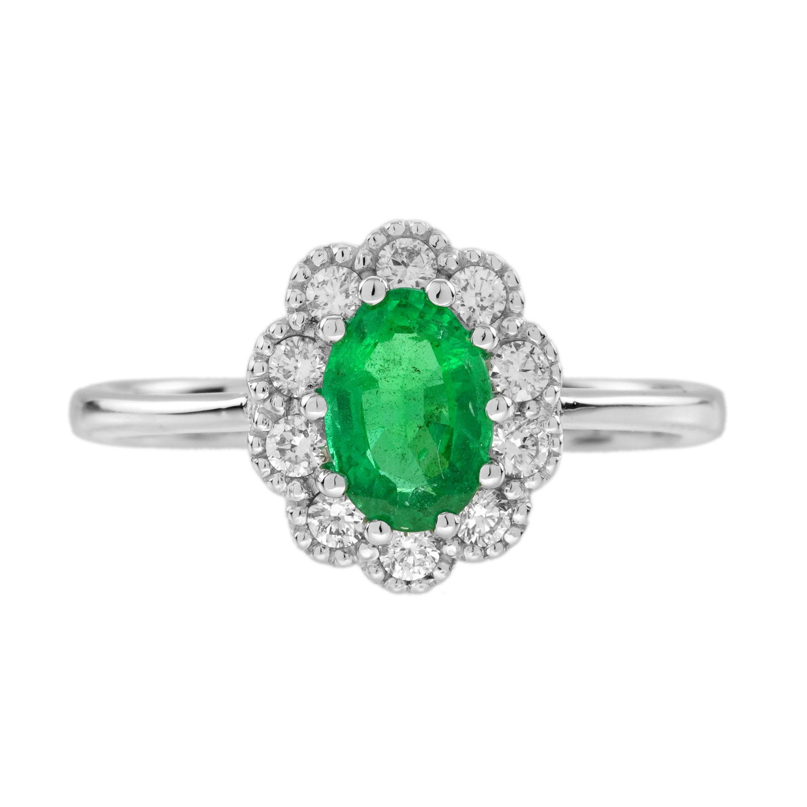 14K White Gold Natural Emerald and Diamond Antique Style Halo Engagement Ring (1 of 8)