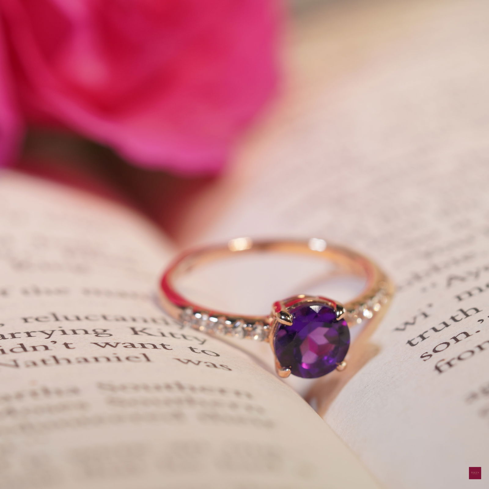 18K Rose Gold Plate Sterling Silver Natural Amethyst White Zircon Ring: 18K Rose Gold Sterling Silver Natural Amethyst White Zircon Ring Stone: Natural Amethyst, White Zircon Metal: Gold plated silver 925 Approx. Weight: 1.85 g. Approx. Gemstone Weight: 1.23 carat Size: U