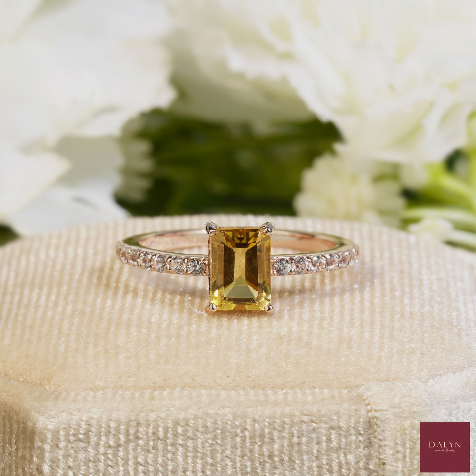 18K Rose Gold Plate Sterling Silver Natural Citrine White Zircon Engagement Ring: 18K Rose Gold Plate Sterling Silver Natural Citrine White Zircon Engagement Ring Stone: Natural Citrine, White Zircon Metal: Gold plated silver 925 Approx. Weight: 1.74 g. Approx. Gemstone Weight: 1.3