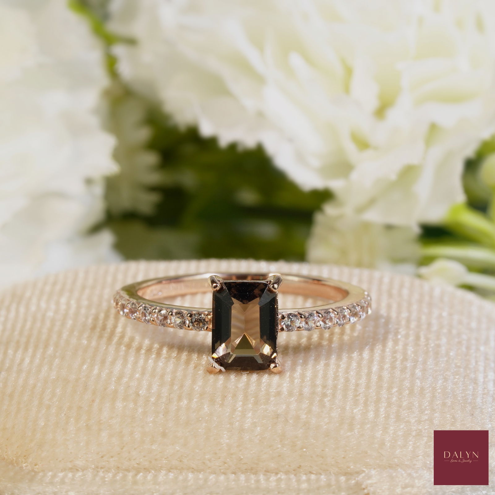 18K Rose Gold Plate Sterling Silver Natural Smoky Quartz White Zircon Ring: 18K Rose Gold Plate Sterling Silver Natural Smoky Quartz White Zircon Ring Stone: Natural Smoky Quartz, White Zircon Metal: Gold plated silver 925 Approx. Weight: 1.57 g. Approx. Gemstone Weight: 1.22