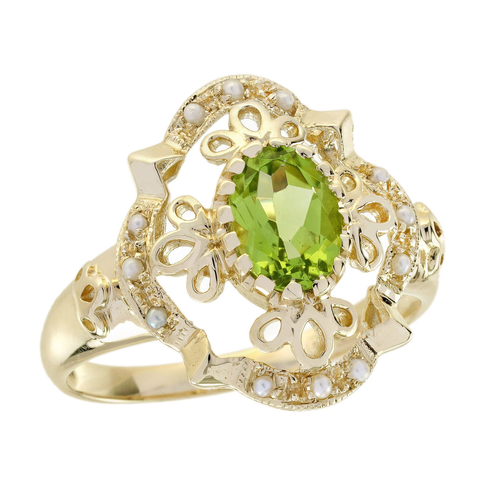 9K Yellow Gold Natural Peridot and Pearl Vintage Style Floral Filigree Ring: CHARACTERISTICSOrigin: ThailandMetal: Solid 9K Yellow GoldRing Size: US 7Total Gemstones Weight: 0.80 carat. (approx.)Total Gram Weight: 3.20 g. (approx.)*Pictures have been enlarged to show details*P