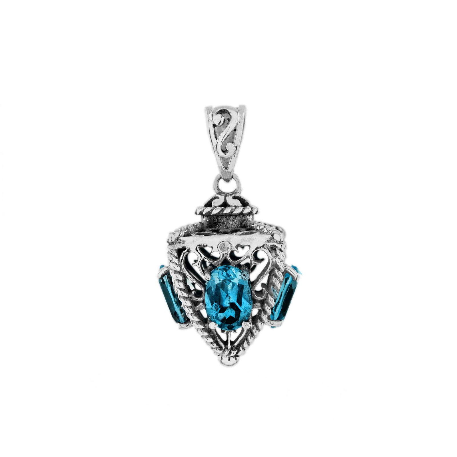 9K White Gold Natural London Blue Topaz Pyramid Shape Vintage Style Pendant: CHARACTERISTICSMetal: 9K White Gold (Oxidized)Pendant Size: 12 mm. (w) x 22 mm. (l) *this pendant is supplied without a chain*Total Gemstones Weight: 2.40 carat (approx.)Total Gram Weight: 3.00 g. (ap