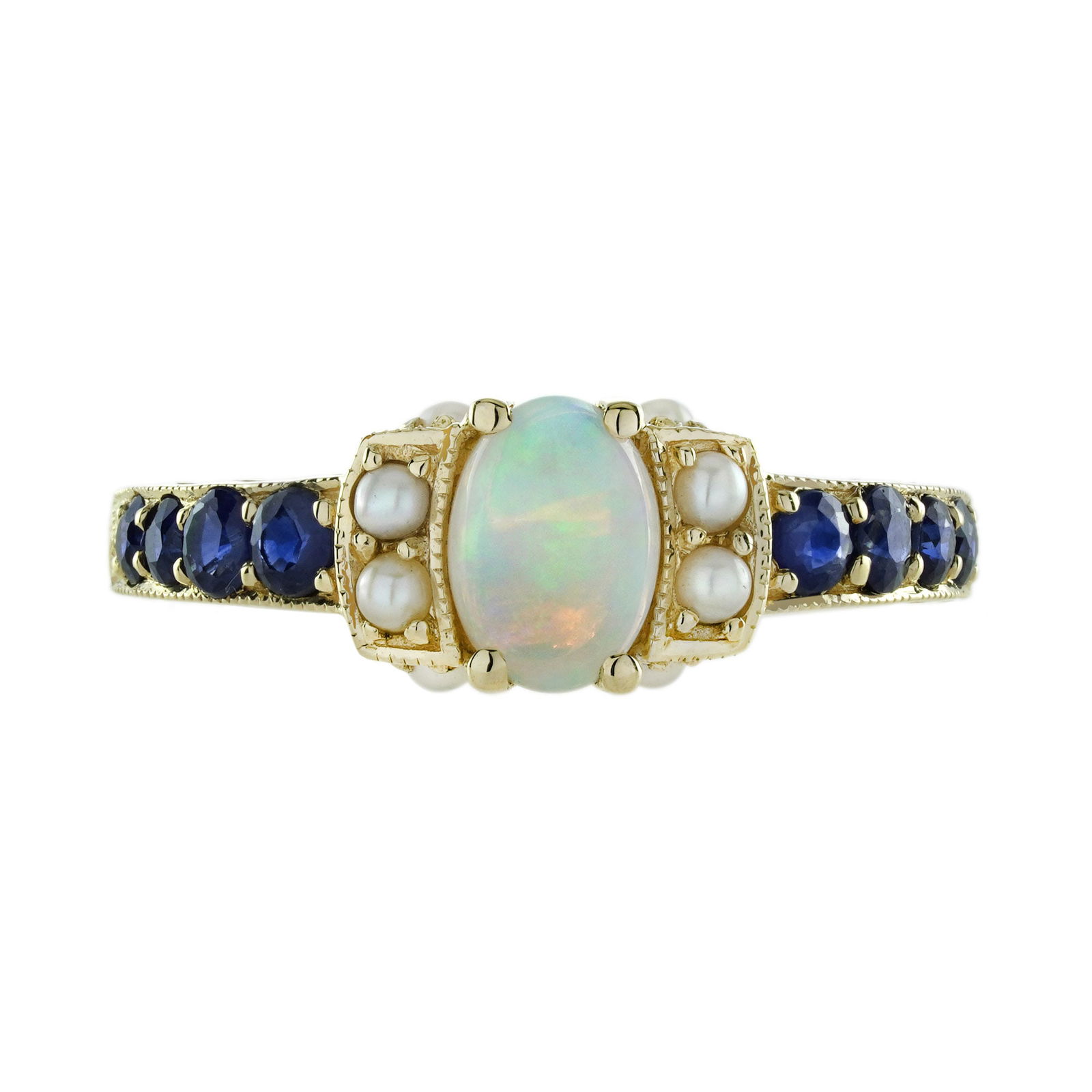 9K Yellow Gold Opal Blue Sapphire and Pearl Vintage Style Engagement Ring: Ring InformationStyle: Art-decoMetal: 9K Yellow GoldTotal weight: 2.48 g. (approx. total weight)Size: US 7Center Gemstones Type: OpalShape: OvalSize: 7 x 5 mm.Number: 1Weight: 0.50 Car