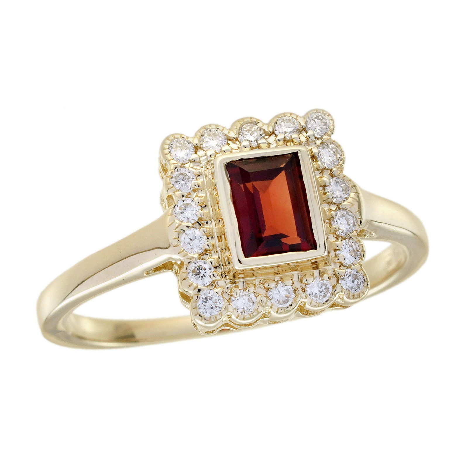 9K Yellow Gold Natural Garnet and Diamond Vintage Style Square Shape Ring: CHARACTERISTICSOrigin: ThailandMetal: Solid 9K Yellow GoldRing Size: US 7Total Gemstones Weight: 0.74 carat. (approx.)Total Gram Weight: 2.50 g. (approx.)*Pictures have been enlarged to show details*P