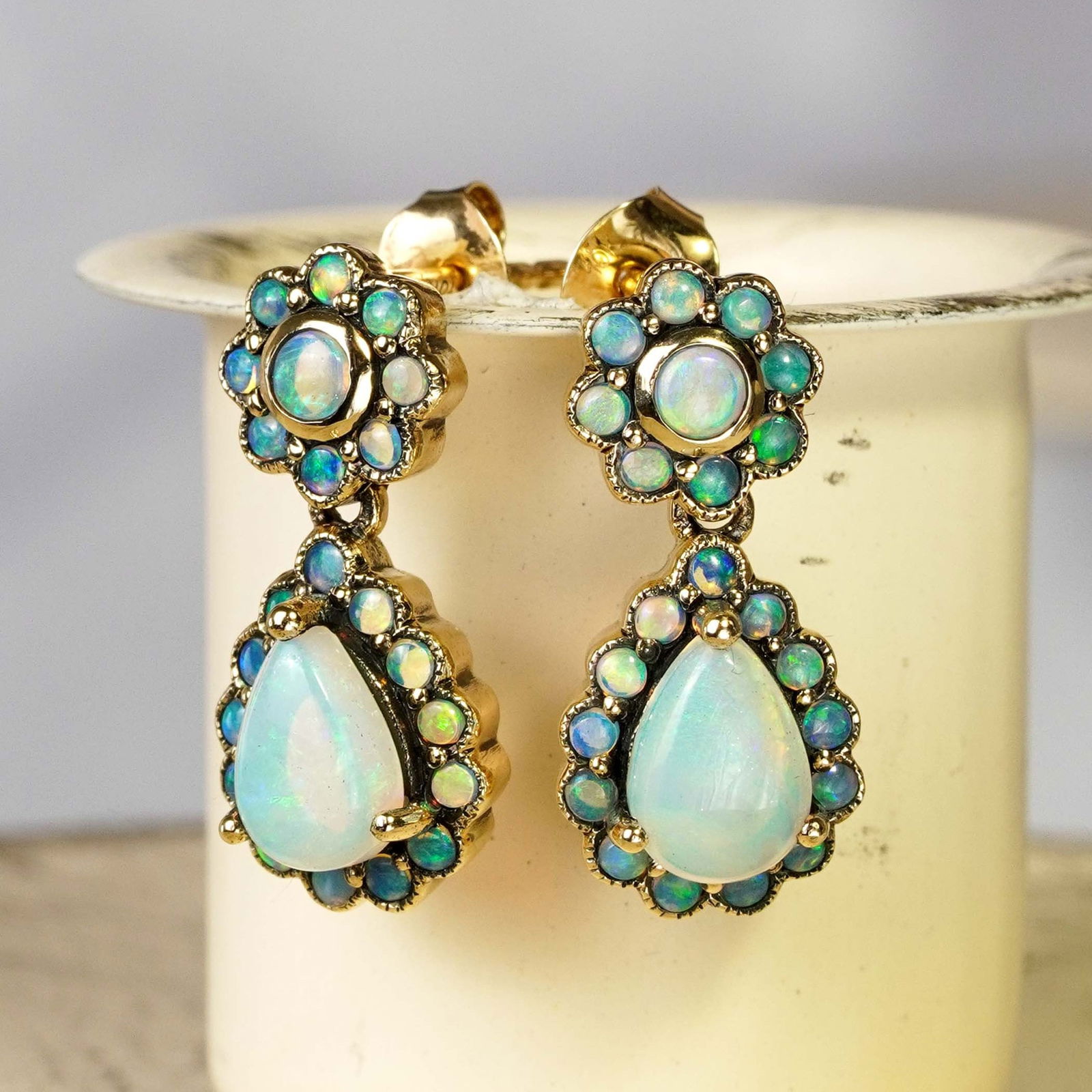 9K Gold Natural Opal Vintage Style Floral Blooming Dangle Earrings (1 of 10)