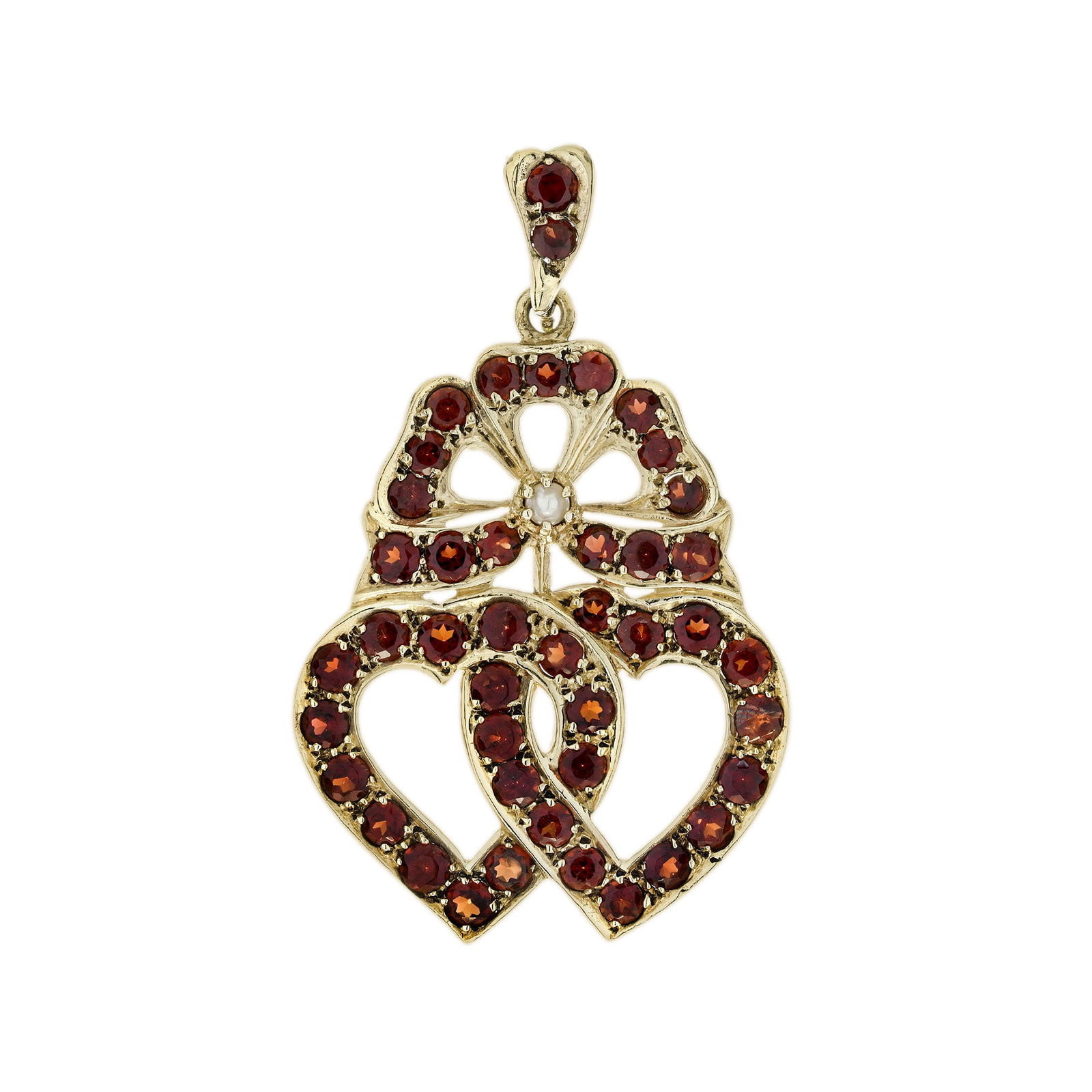 9K Gold Natural Pearl and Garnet Heart Shape Vintage Style Pendant: CHARACTERISTICSOrigin: ThailandMetal: 9K Yellow GoldPendant Size: 25 mm. (w) x 40 mm. (l) *this pendant is supplied without a chain*Total Gemstones Weight: 3.47 carat (approx.)Total Gram Weight: 5.78