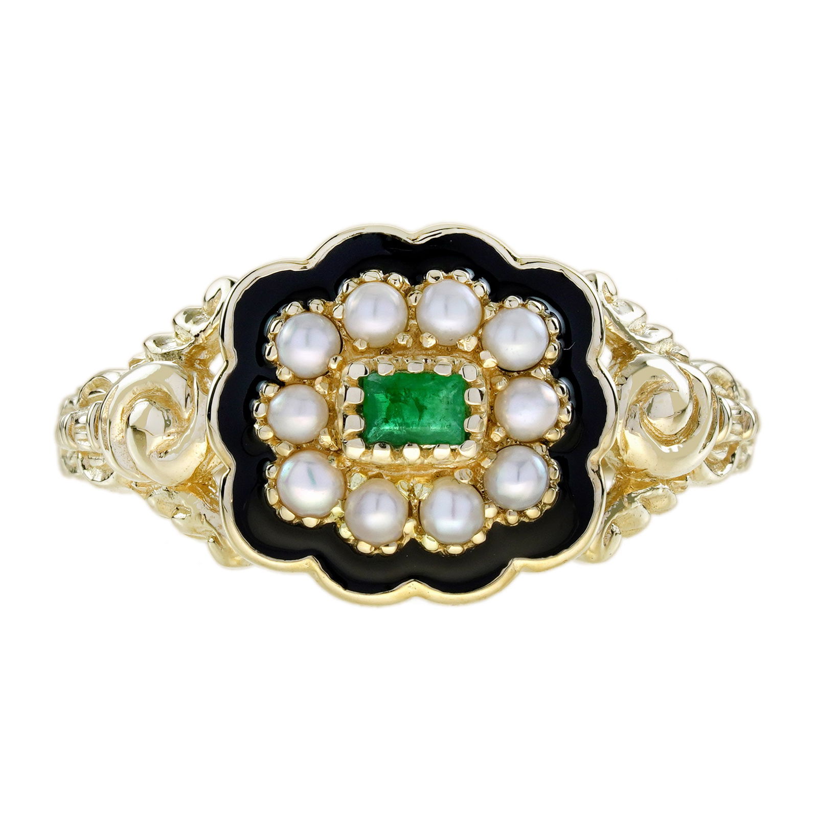 9K Yellow Gold Emerald Pearl Enamel Victorian Style Engagement Ring: Ring InformationStyle: Art-decoMetal: 9K Yellow GoldTotal weight: 3.97 g. (approx. total weight)Size: US7Center Gemstones Type: EmeraldShape: Emerald CutSize: 3 x 2 mm.Number: 1Weight: