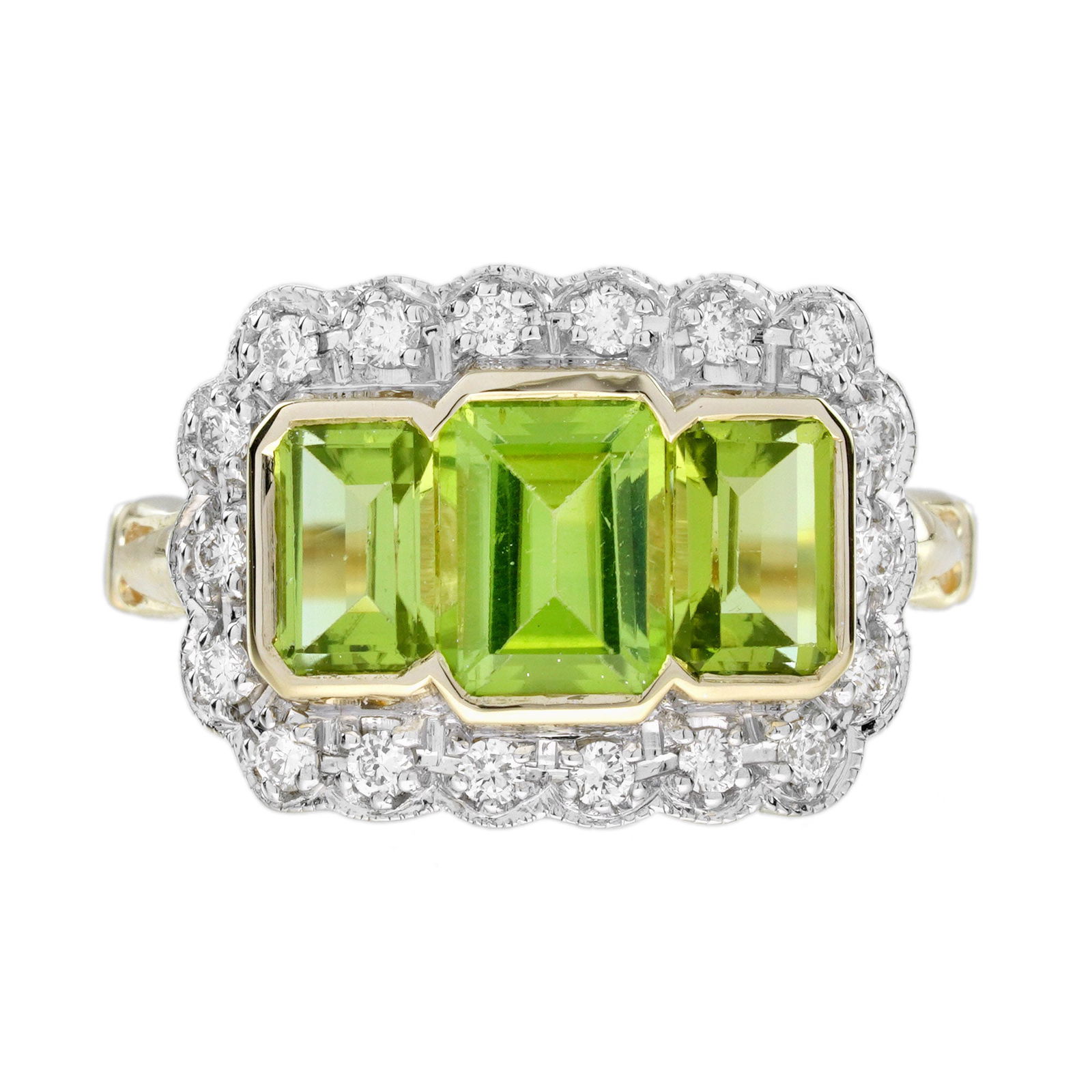 14K Yellow Gold Natural Peridot and Diamond Art Deco Style Three Stone Ring (1 of 11)