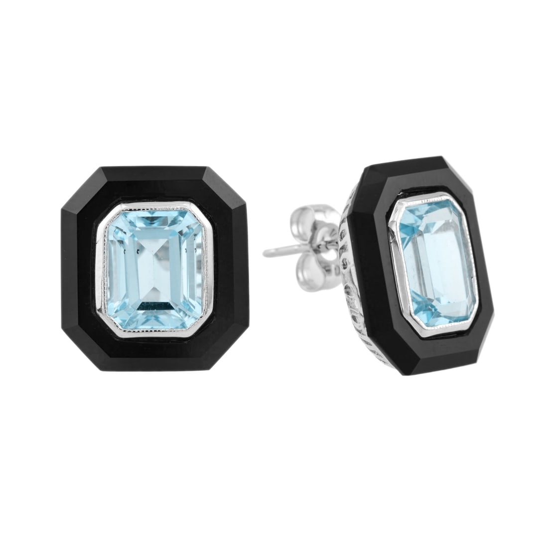 9K White Gold Natural Blue Topaz and Onyx Art Deco Style Stud Earring: Earrings InformationStyle: Art DecoMetal: 9K White GoldWidth: 14 mm.Length: 15 mm.Weight: 10.87 g. (approx. in total)Backing: Push BackCenter GemstonesType: Blue TopazShape: Emerald Cut