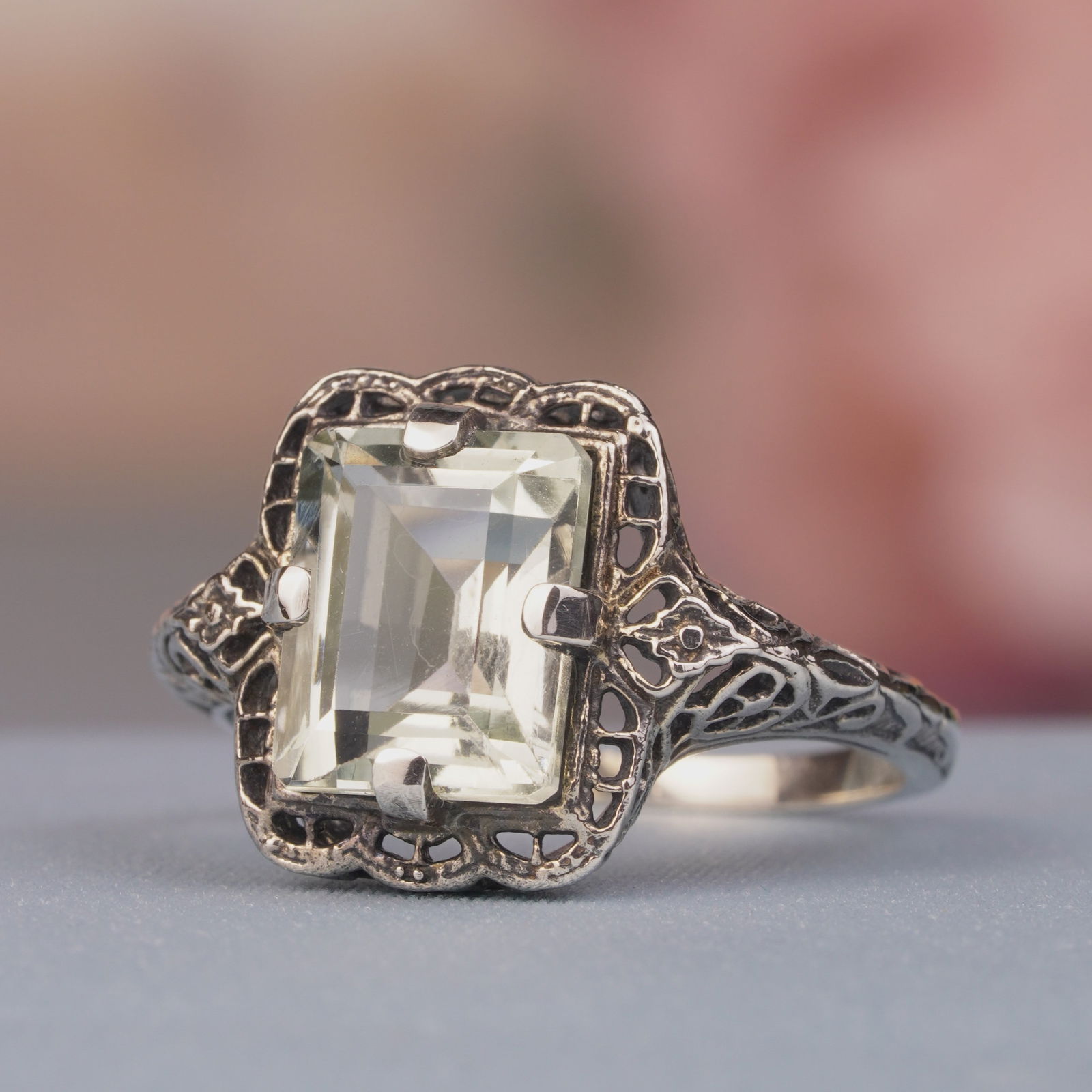 Silver925 Natural Green Amethyst Vintage Style Filigree Ring: CHARACTERISTICSStatus: In stockOrigin: ThailandMetal: Silver 925Ring Size: US 8Total Gemstones Weight: 3.24 carat. (approx.)Total Gram Weight: 3.3 g. (approx.)*Pictures have been enlarged to show deta