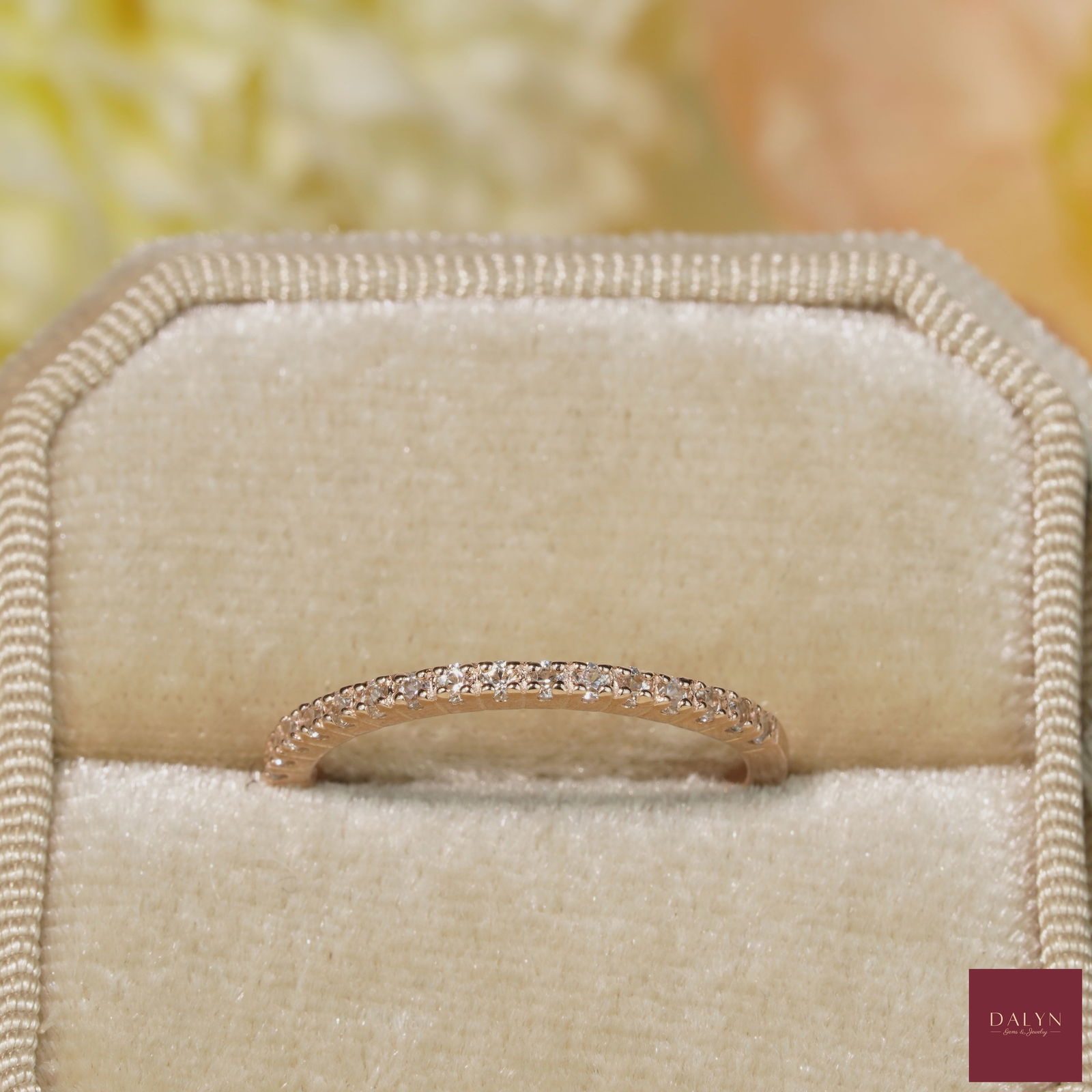 Rhodium Plate Sterling Silver Natural White Zircon Band Ring: Rhodium Plate Sterling Silver Natural White Zircon Band Ring Stone: Natural White Zircon Metal: Gold plated silver 925 Approx. Weight: 1.20 g. Approx. Gemstone Weight: 0.38 carat Size: US6 Location: T