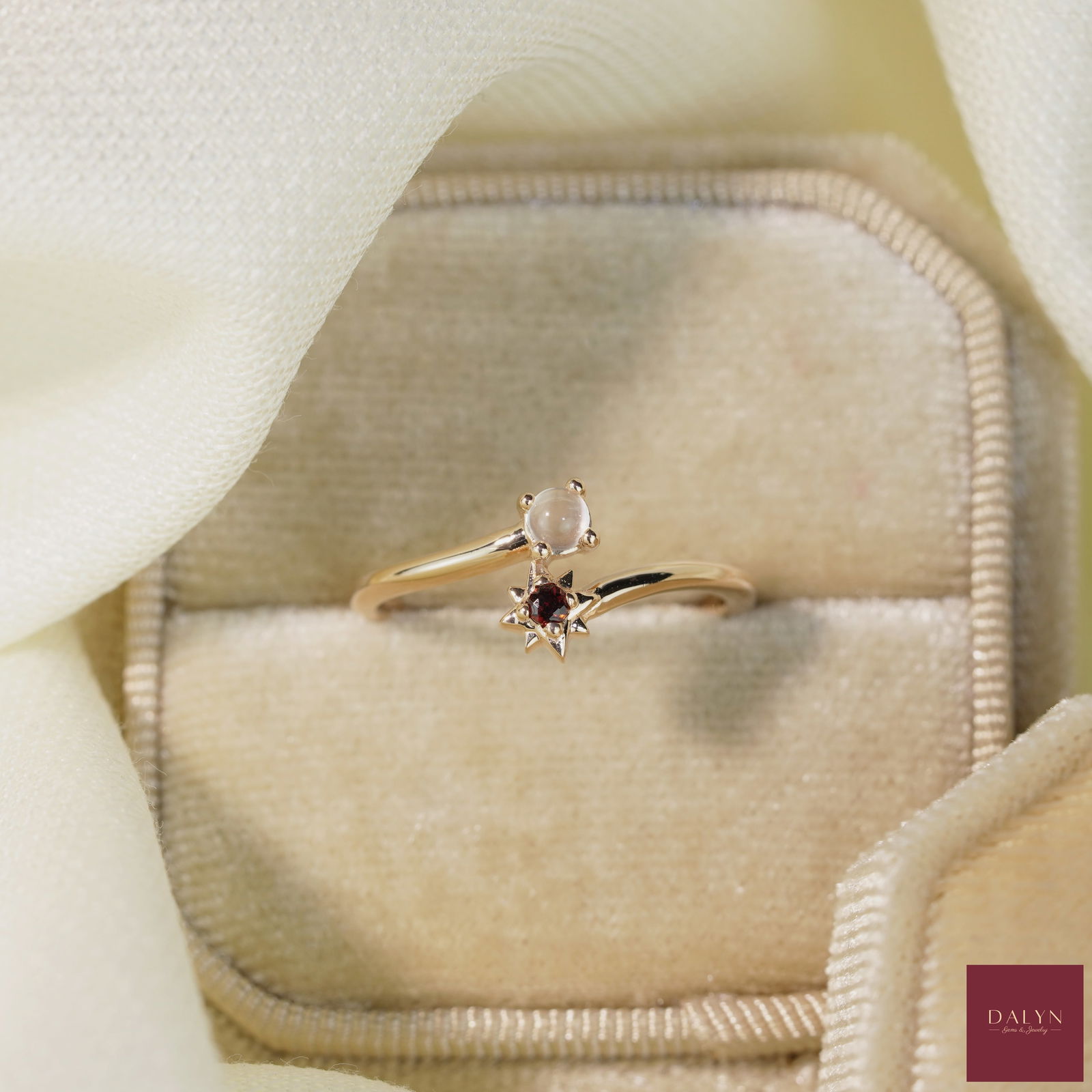 18K Rose Gold Plate Sterling Silver Natural Moonstone and Garnet Ring: 18K Rose Gold Plate Sterling Silver Natural Moonstone and Garnet Ring Stone: Natural Moonstone, Garnet Metal: Gold plated silver 925 Approx. Weight: 1.62 g. Approx. Gemstone Weight: 0.17 carat Size: U