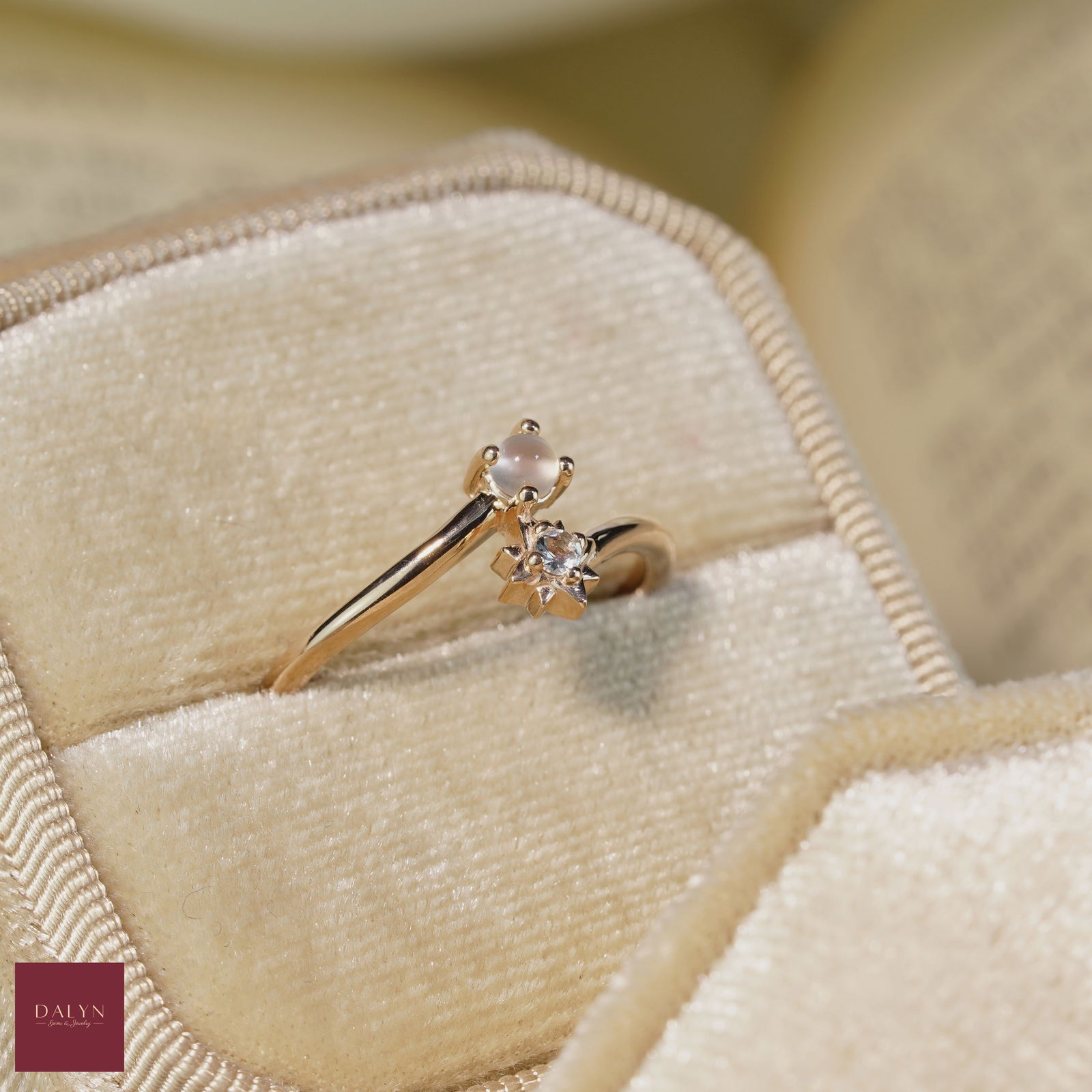 18K Rose Gold Plate Sterling Silver Natural Moonstone and Aquamarine Ring: 18K Rose Gold Plate Sterling Silver Natural Moonstone and Aquamarine Ring Stone: Natural Moonstone, Aquamarine Metal: Gold plated silver 925 Approx. Weight: 1.57 g. Approx. Gemstone Weight: 0.16 carat