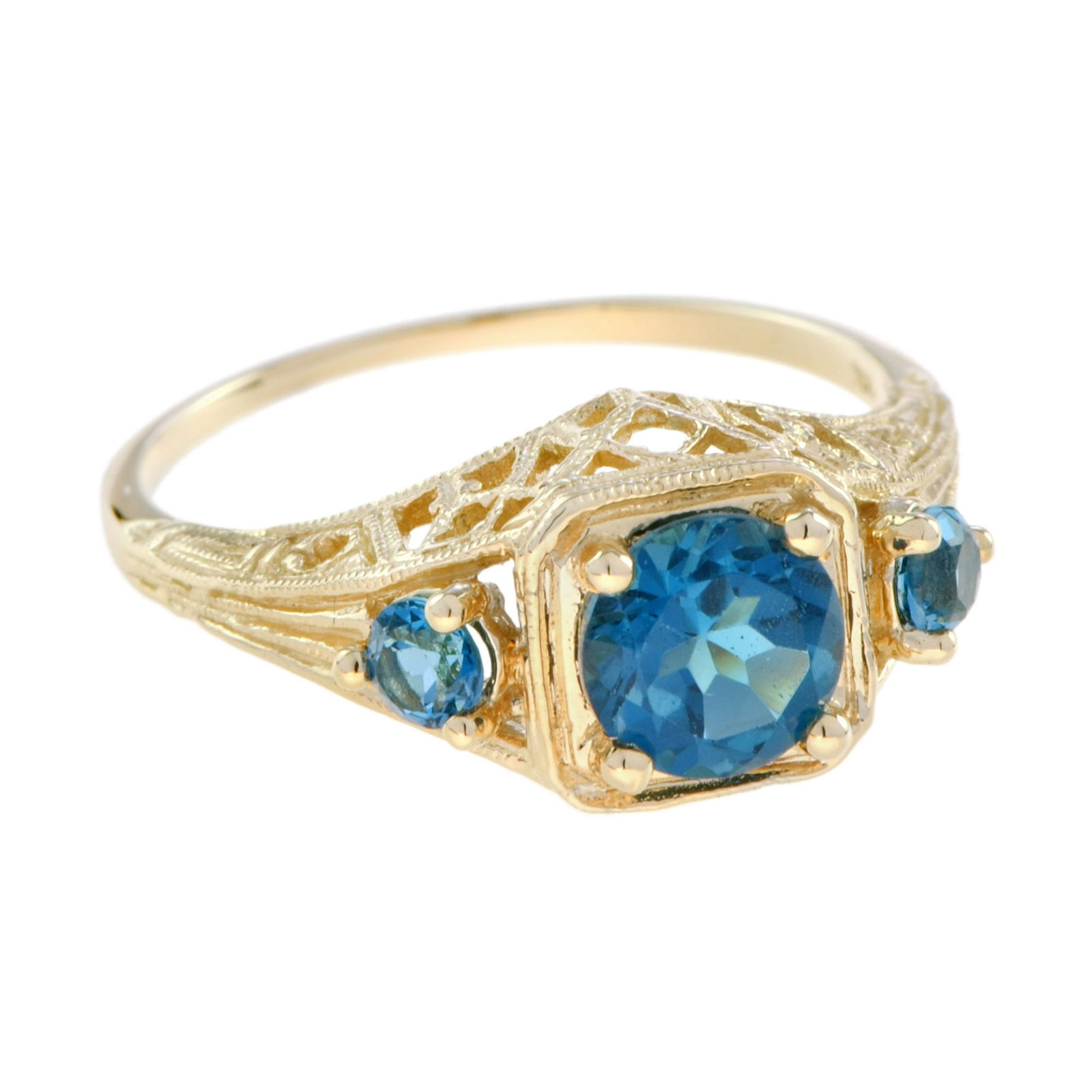 9K Gold Natural London Blue Topaz Vintage Style Filigree Three Stone Ring: CHARACTERISTICSOrigin: ThailandMetal: Solid 9K Yellow GoldRing Size: US 7Total Gemstones Weight: 1.29 g. (approx.)Total Gram Weight: 3.09 g. (approx.)*Pictures have been enlarged to show details*PRIMA