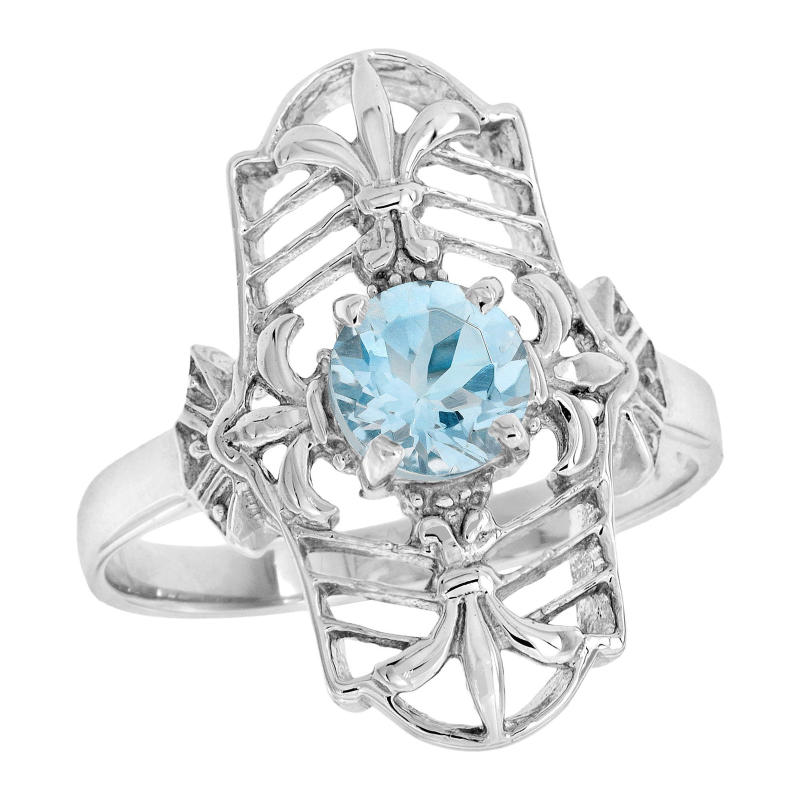14K White Gold Natural Aquamarine Vintage Style Filigree Dinner Ring: CHARACTERISTICSOrigin: ThailandMetal: Solid 14K White GoldRing Size: US 7Total Gemstones Weight: 0.40 carat. (approx.)Total Gram Weight: 4.08 g. (approx.)*Pictures have been enlarged to show details*P