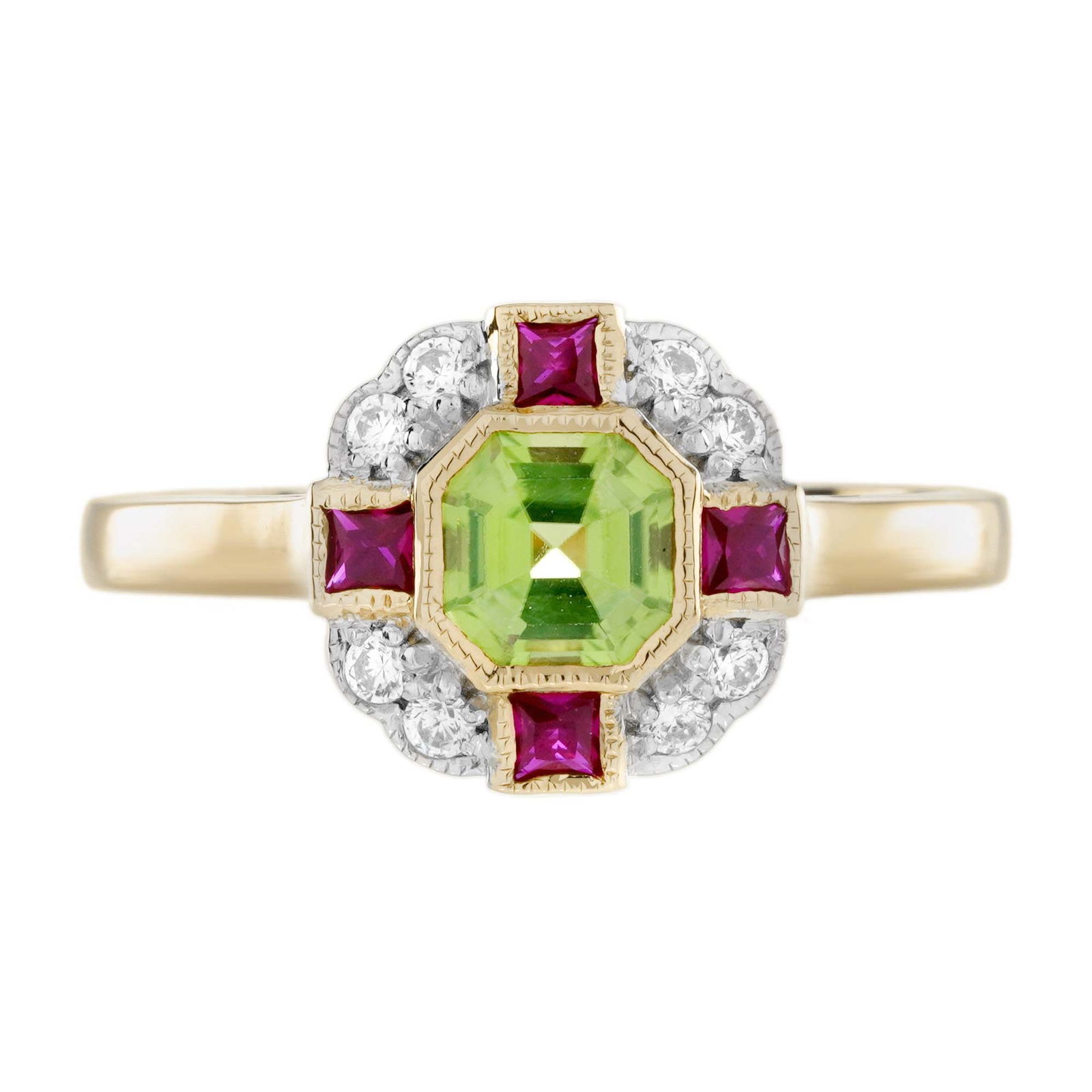 14K Yellow Gold Natural Peridot Ruby and Diamond Art Deco Style Ring (1 of 11)