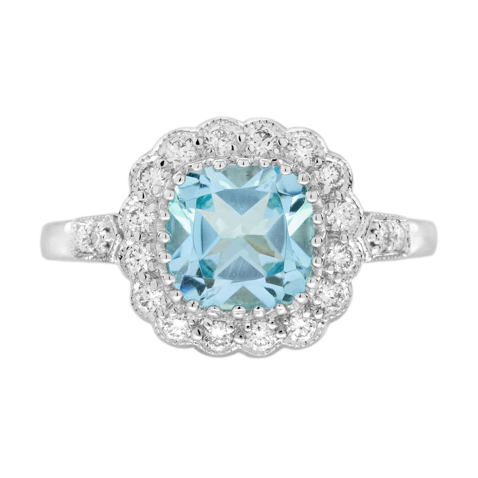 14K White Gold Natural Cushion Blue Topaz and Diamond Antique Style Engagement Ring: Ring InformationStyle: Art-decoMetal: 14K White GoldTotal weight: 3.18 g. (approx. total weight)Size: US 7Center Gemstones Type: Blue TopazShape: CushionSize: 7 x 7 mm.Number: 1Weight:
