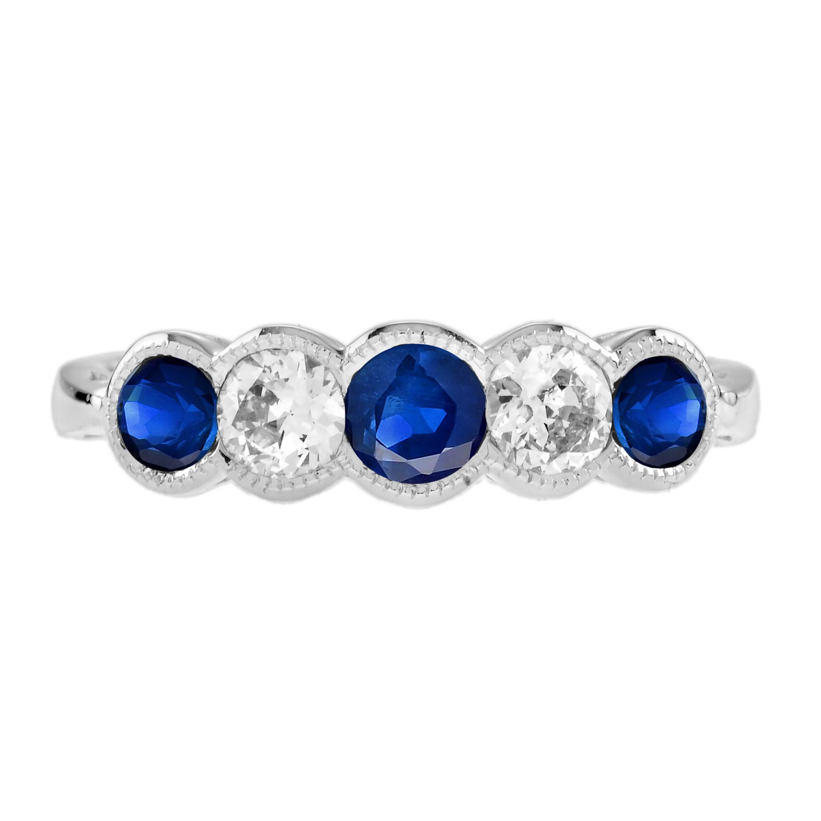 14K White Gold Natural Sapphire and Diamond Art Deco Style Five Stone Ring: Ring InformationStyle: Art-decoMetal: 14K White GoldTotal weight: 2.58 g. (approx. total weight)Size: US 7Gemstones IType: Blue SapphireShape: RoundSize: 3.5 – 4.2 mmNumber: 3Weight: 0
