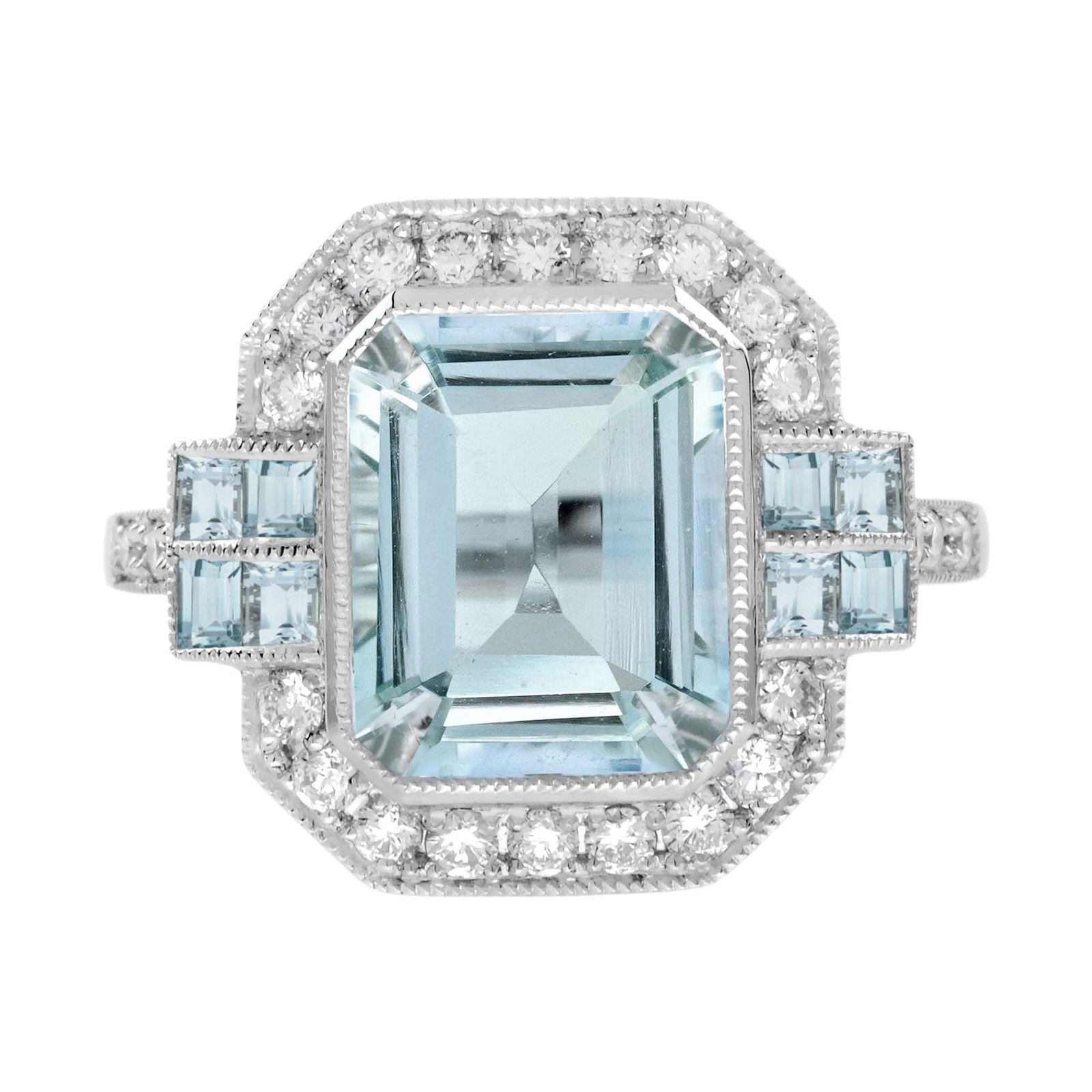 14K White Gold Natural Aquamarine and Diamond Art Deco Style Engagement Ring: Ring InformationStyle: Art-decoMetal: 14K White GoldWeight: 4.47 g. (approx. total weight)Size: US 7Center Gemstones Type: AquamarineShape: Emerald CutSize: 10 x 8 mm.Number: 1Weight: