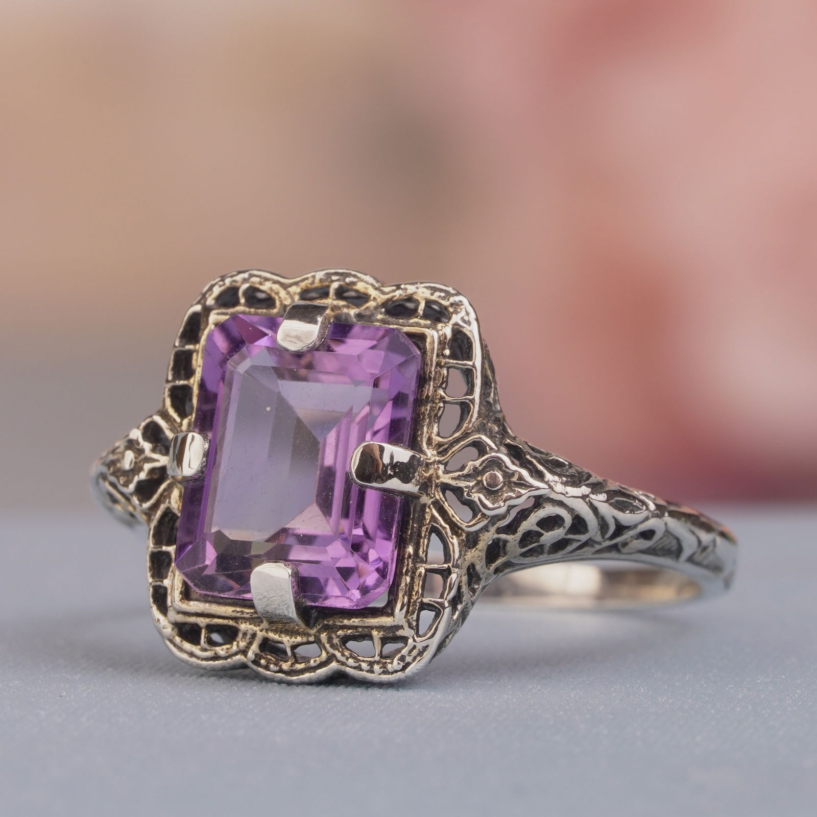 Silver925 Natural Amethyst Vintage Filigree Ring (1 of 6)