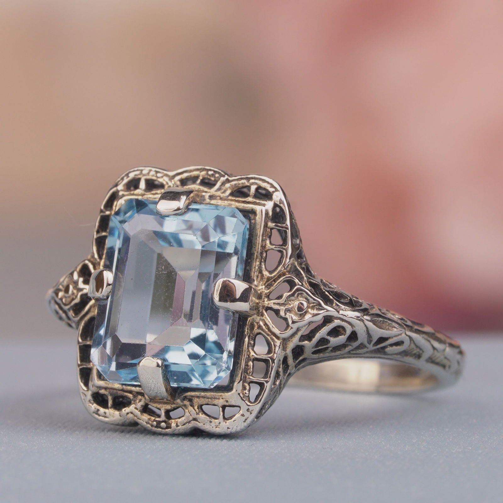 Silver925 Natural Blue Topaz Vintage Filigree Ring (1 of 6)