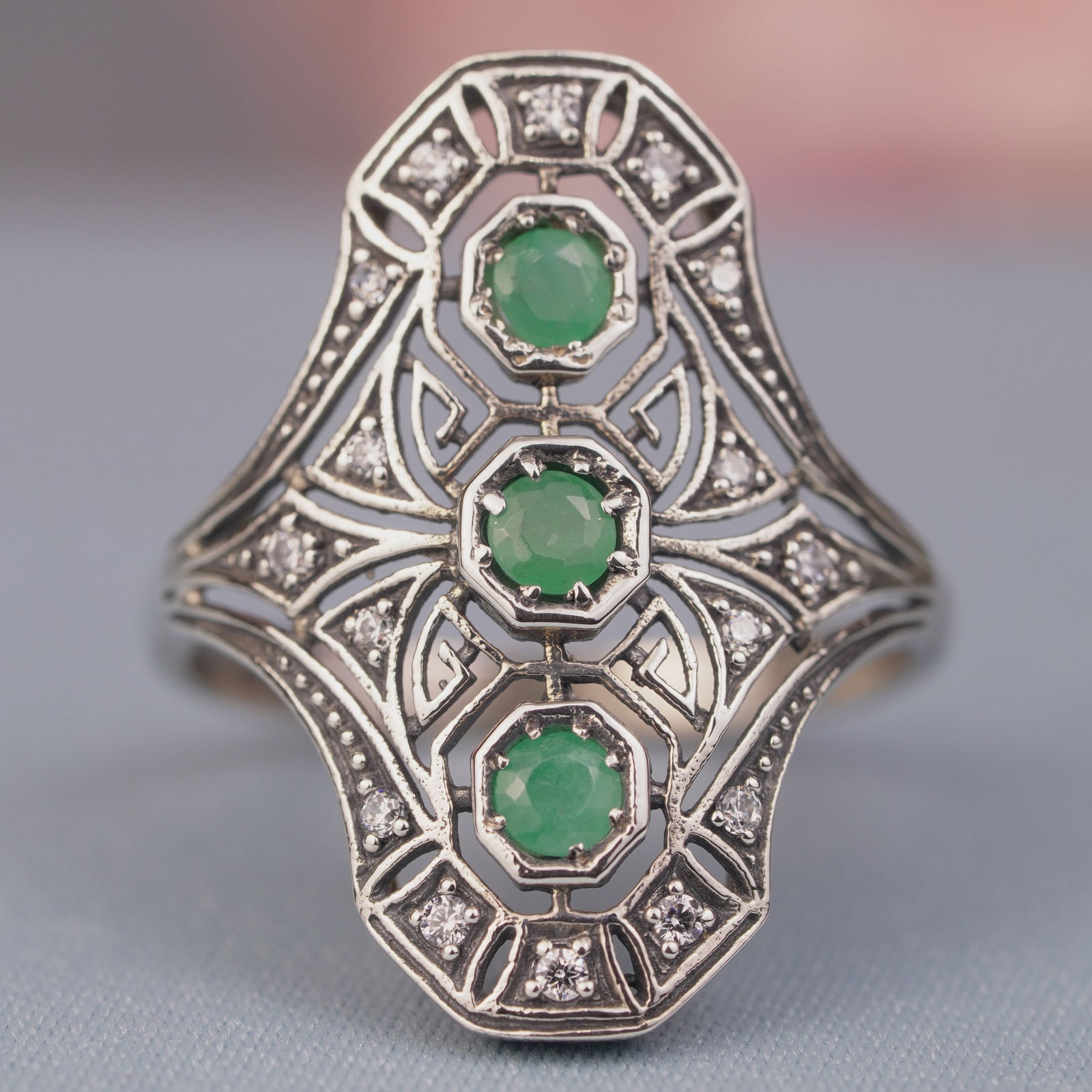 Silver925 Natural Emerald Cubic Zirconia Vintage Filigree Ring (1 of 6)