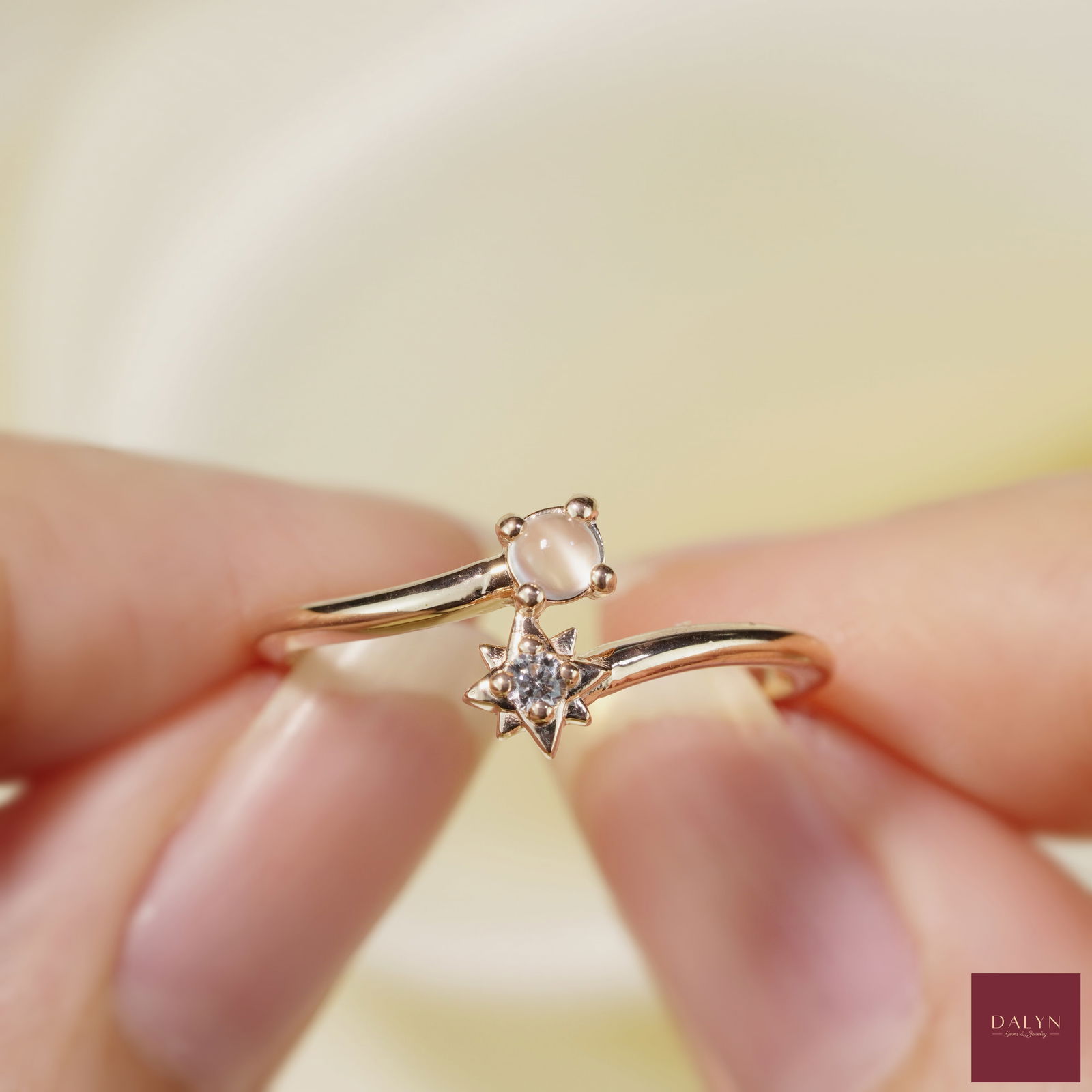 18K Rose Gold Plate Sterling Silver Natural Moonstone and White Zircon Ring: 18K Rose Gold Plate Sterling Silver Natural Moonstone and White Zircon Ring Stone: Natural Moonstone, White Zircon Metal: Gold plated silver 925 Approx. Weight: 1.55 g. Approx. Gemstone Weight: 0.17 c