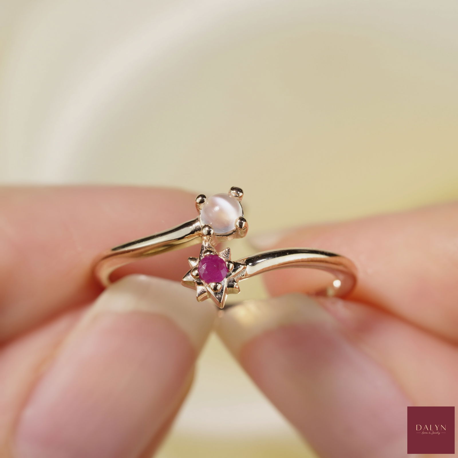18K Rose Gold Plate Sterling Silver Natural Moonstone and Ruby Ring: 18K Rose Gold Plate Sterling Silver Natural Moonstone and Ruby Ring Stone: Natural Moonstone, Ruby Metal: Gold plated silver 925 Approx. Weight: 1.61 g. Approx. Gemstone Weight: 0.18 carat Size: US7 L
