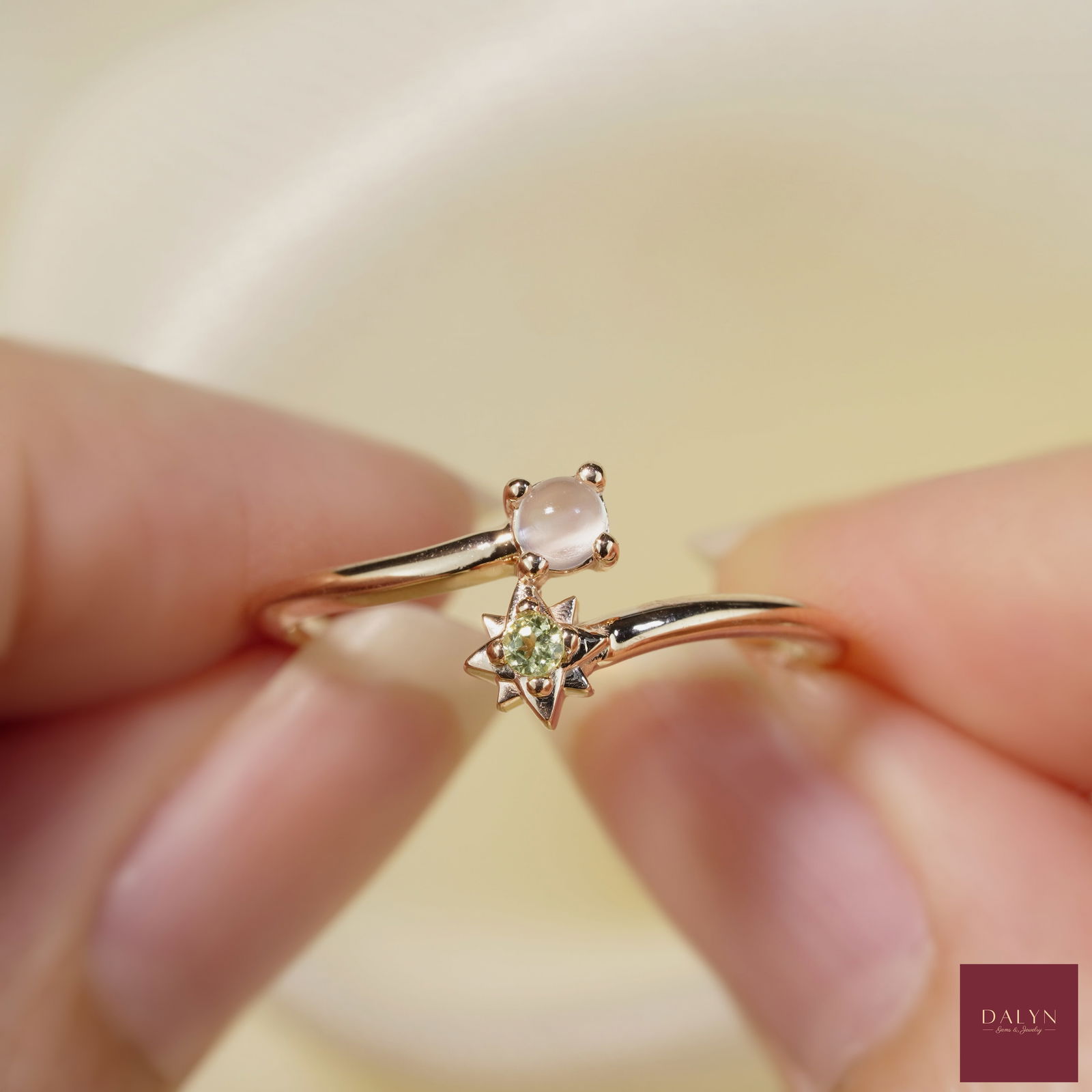 18K Rose Gold Plate Sterling Silver Natural Moonstone and Peridot Ring: 18K Rose Gold Plate Sterling Silver Natural Moonstone and Peridot Ring Stone: Natural Moonstone, Peridot Metal: Gold plated silver 925 Approx. Weight: 1.58 g. Approx. Gemstone Weight: 0.17 carat Size: