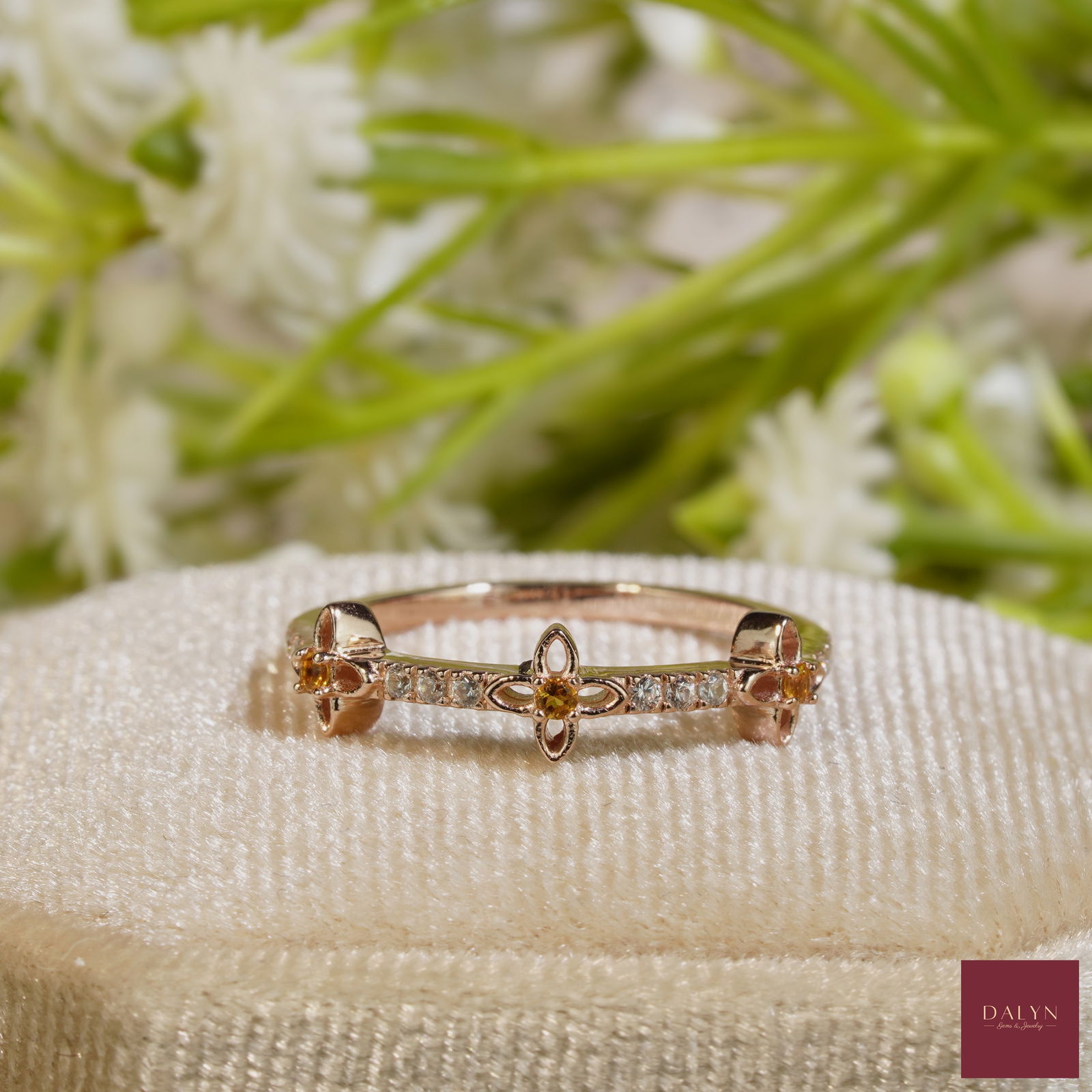 18K Rose Gold Plate Sterling Silver Natural Citrine White Zircon Floral Ring: 18K Rose Gold Plate Sterling Silver Natural Citrine White Zircon Floral Ring Stone: Natural Citrine, White Zircon Metal: Gold plated silver 925 Approx. Weight: 1.41 g. Approx. Gemstone Weight: 0.20 ca