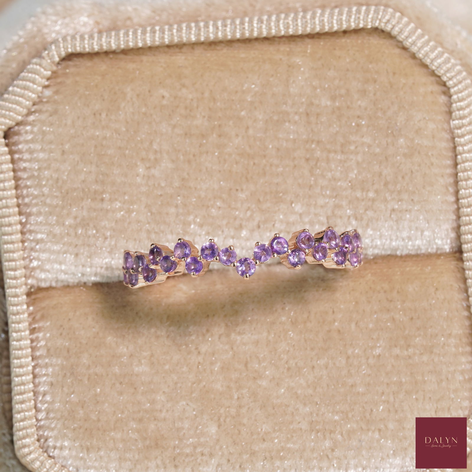 18K Rose Gold Plate Sterling Silver Natural Amethyst Band Ring: 18K Rose Gold Plate Sterling Silver Natural Amethyst Band Ring Stone: Natural Amethyst Metal: Gold plated silver 925 Approx. Weight: 1.07 g. Approx. Gemstone Weight: 0.32 carat Size: US6.5 Location: T