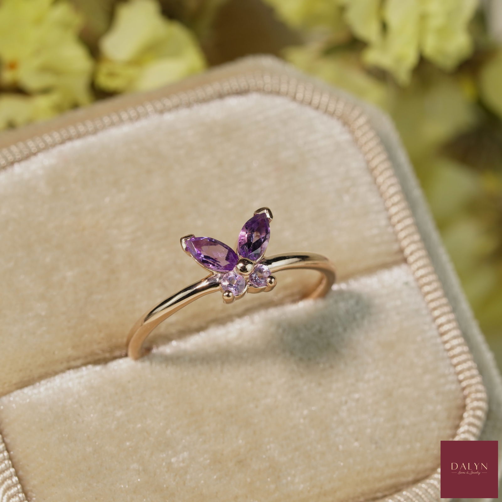 18K Rose Gold Plate Sterling Silver Natural Amethyst Butterfly Ring: 18K Rose Gold Plate Sterling Silver Natural Amethyst Butterfly Ring Stone: Natural Amethyst, Pink Amethyst Metal: Gold plated silver 925 Approx. Weight: 1.51 g. Approx. Gemstone Weight: 0.36 carat Siz