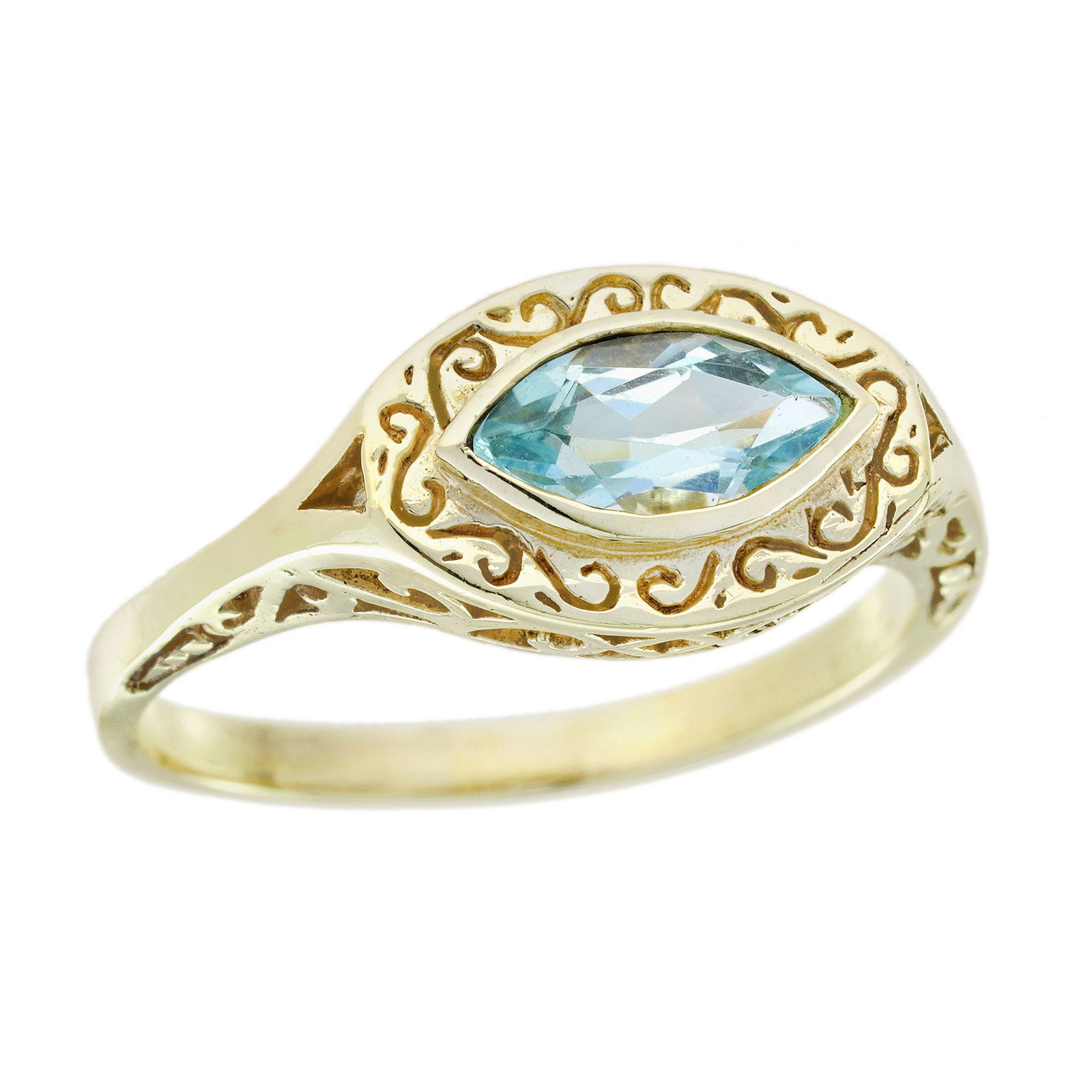9K Yellow Gold Natural Blue Topaz Vintage Style Engraved Ring (1 of 11)